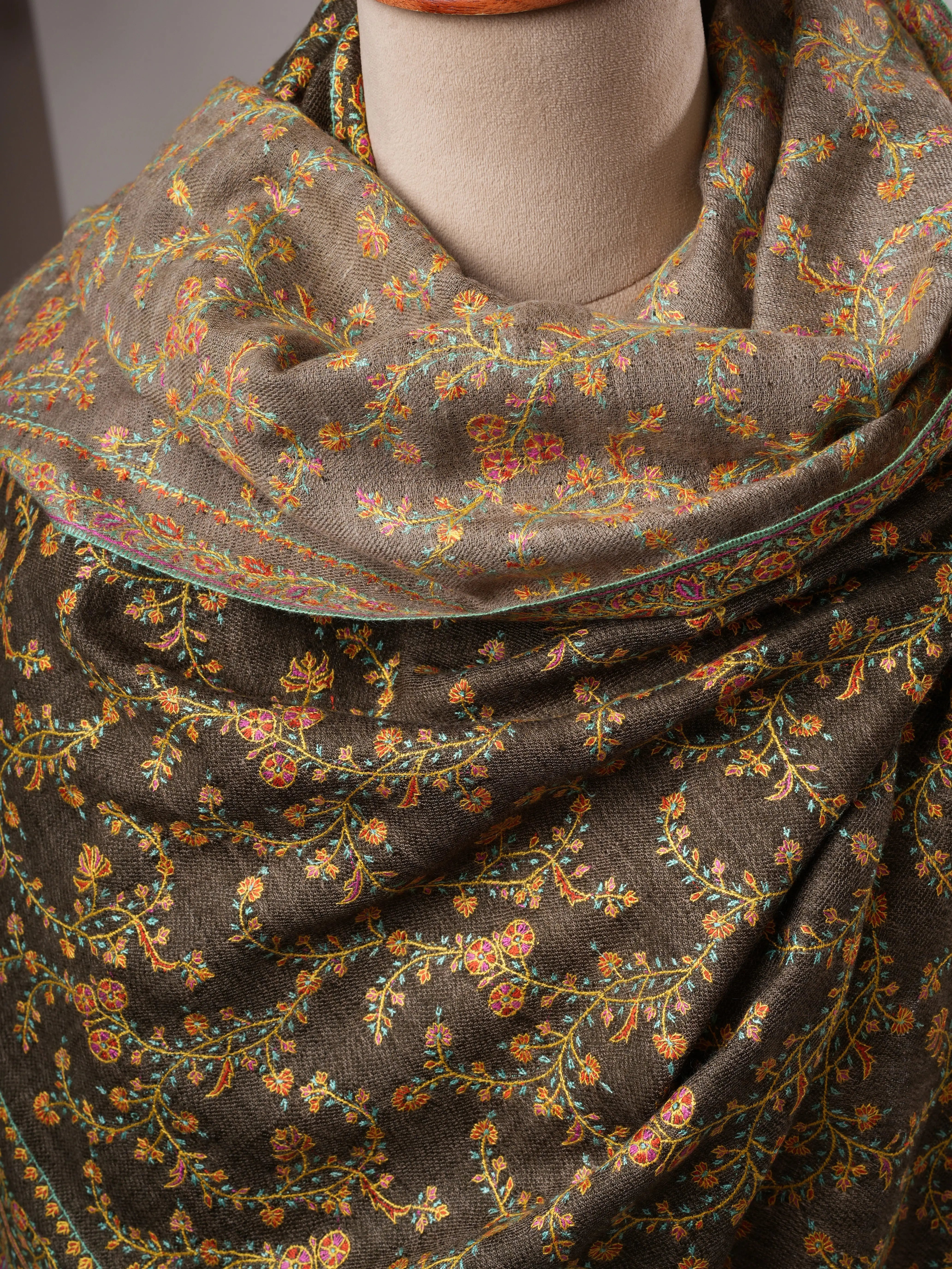Natural Grey and Olive Dual Tone Pashmina Shawl with Fine Embroidery Shahkaar