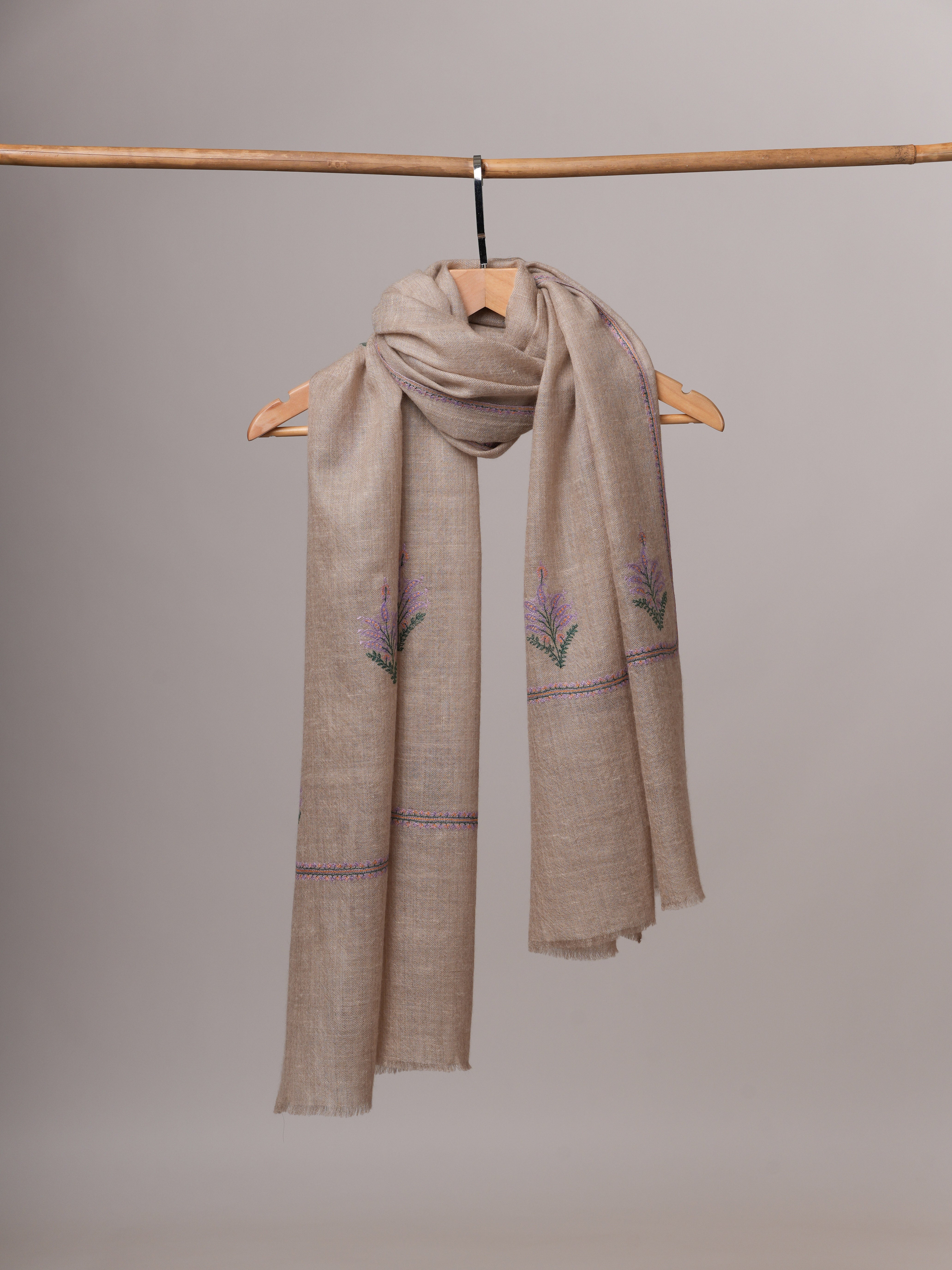 Handwoven Natural Grey Cashmere Scarf with Traditional Buteh Shahkaar