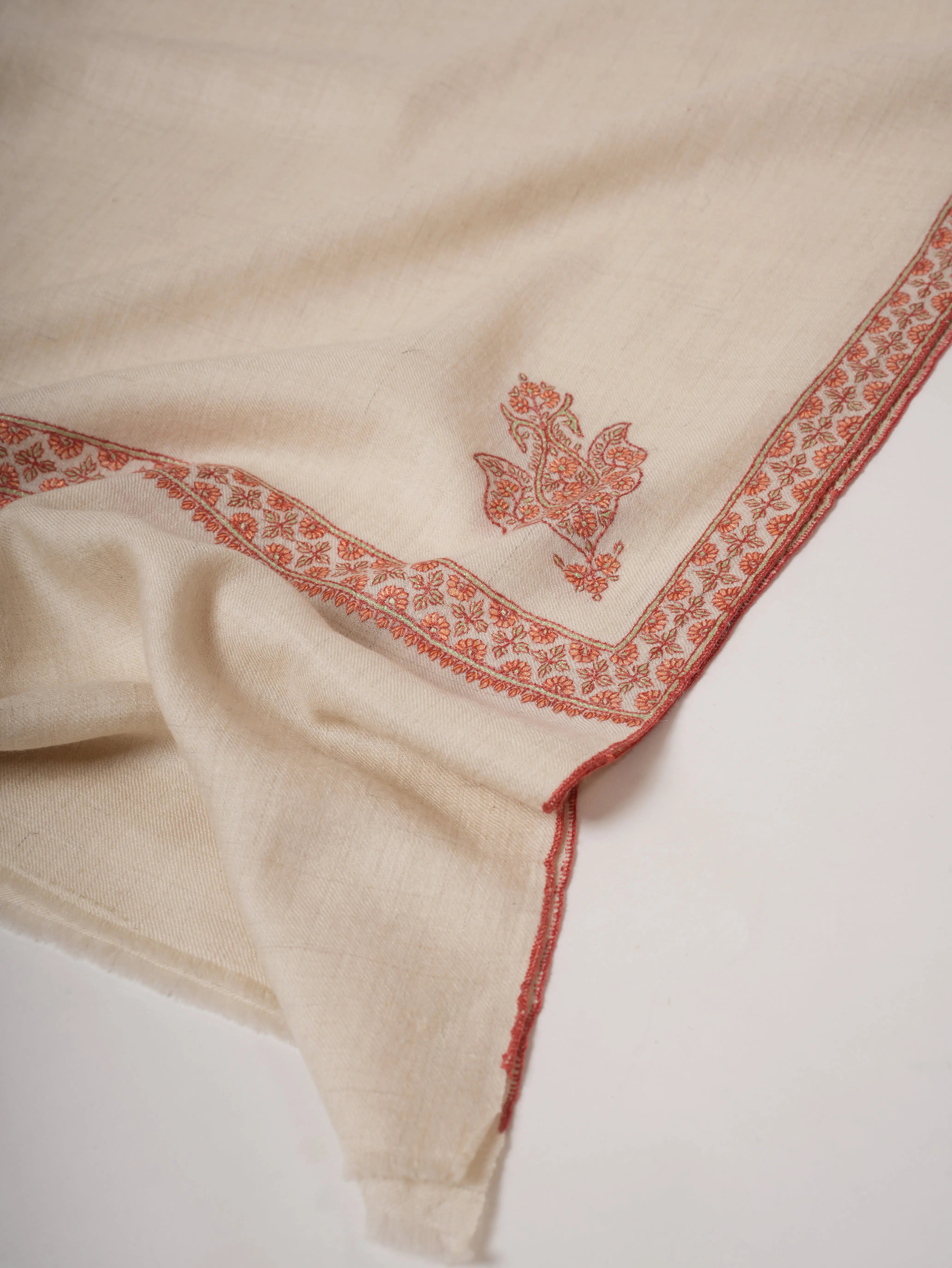 Natural Ivory Baby Soft Kashmiri Pashmina Shawl – Hand Embroidered Hashia Border Shahkaar