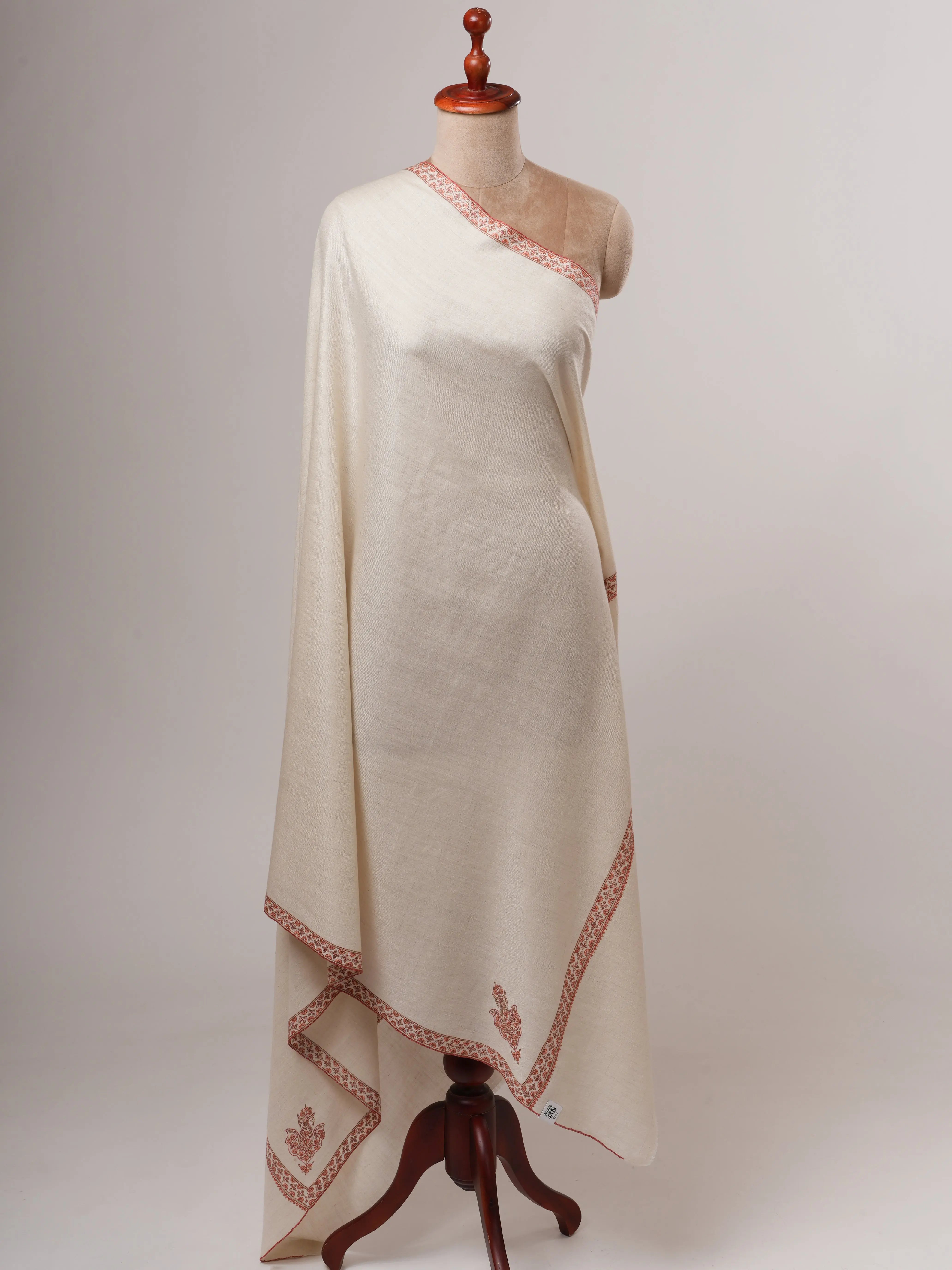 Natural Ivory Baby Soft Kashmiri Pashmina Shawl – Hand Embroidered Hashia Border Shahkaar