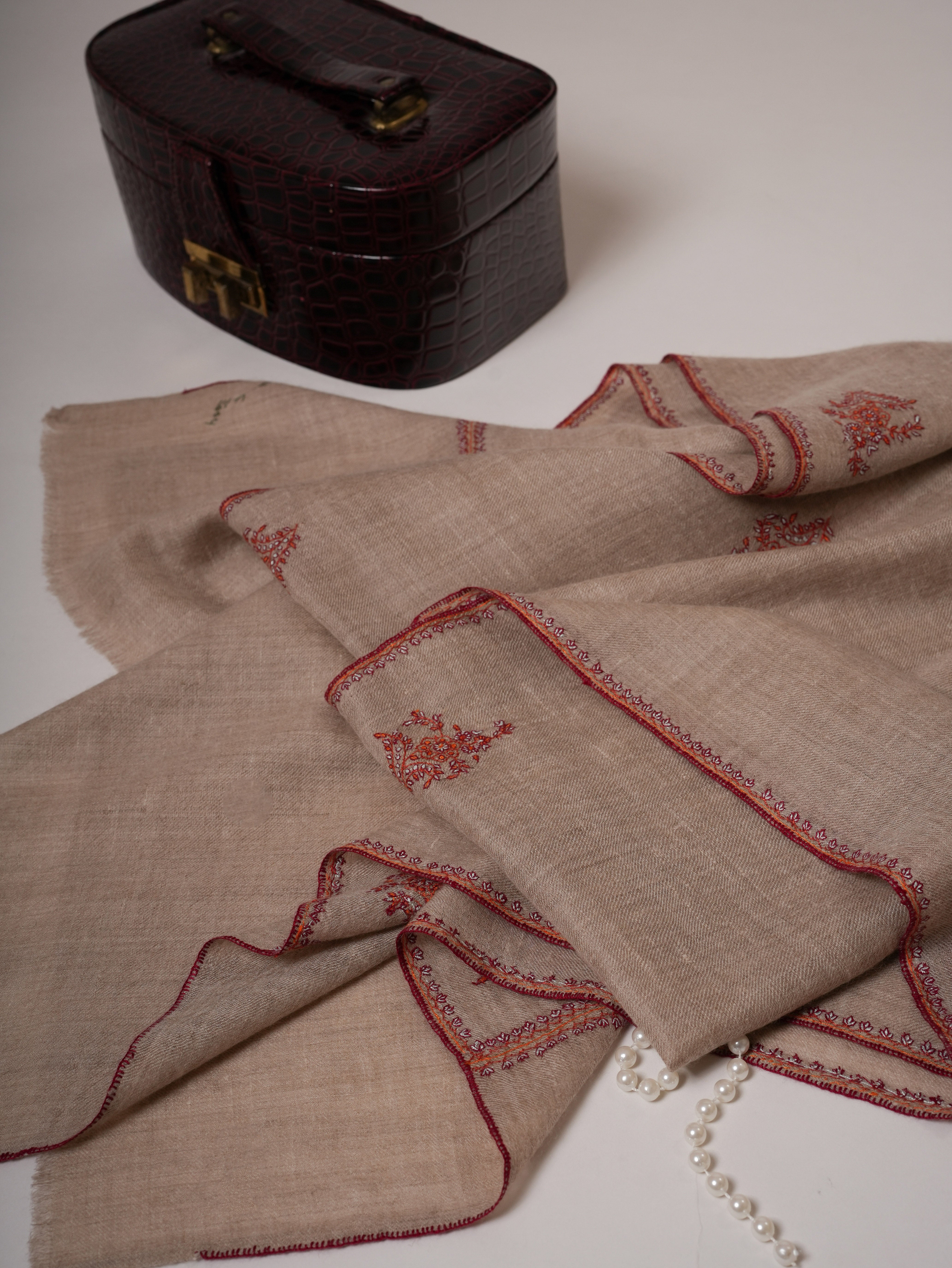 Contemporary Natural Grey Cashmere Scarf with Buteh Handwork Shahkaar