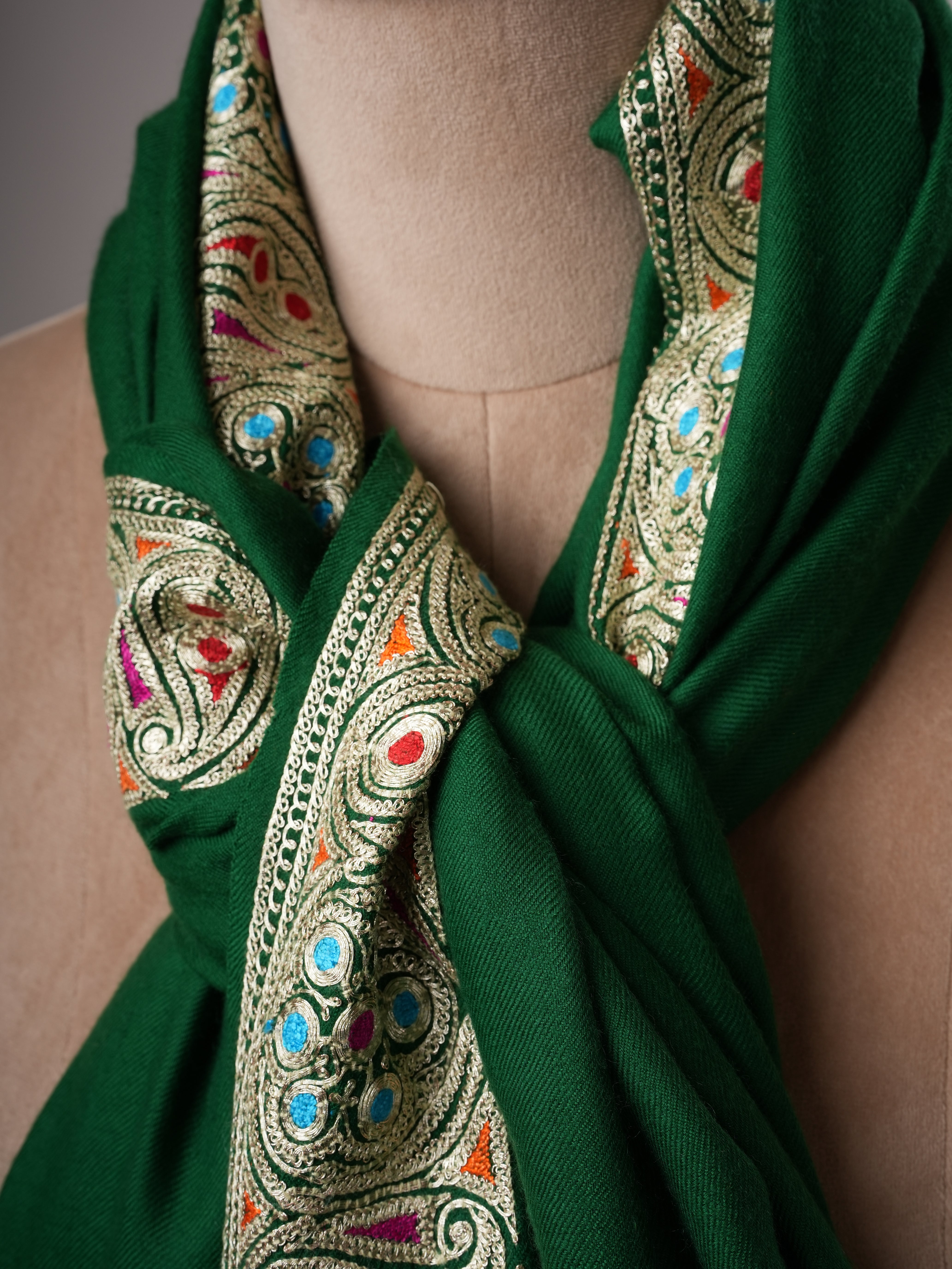 Emerald Green Pashmina Shawl with Watergold Tilla Embroidery and Sozni Shahkaar