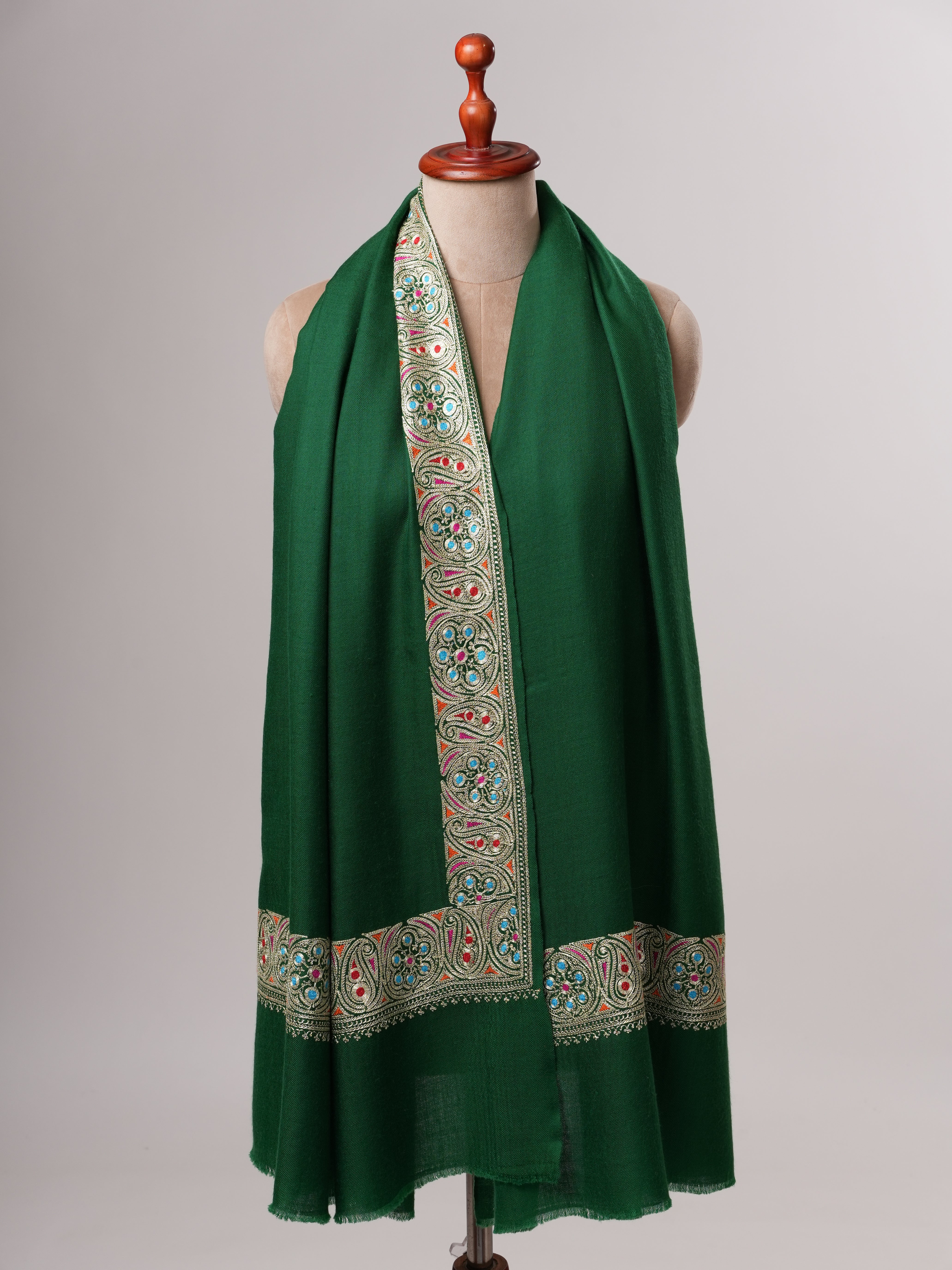 Emerald Green Pashmina Shawl with Watergold Tilla Embroidery and Sozni Shahkaar