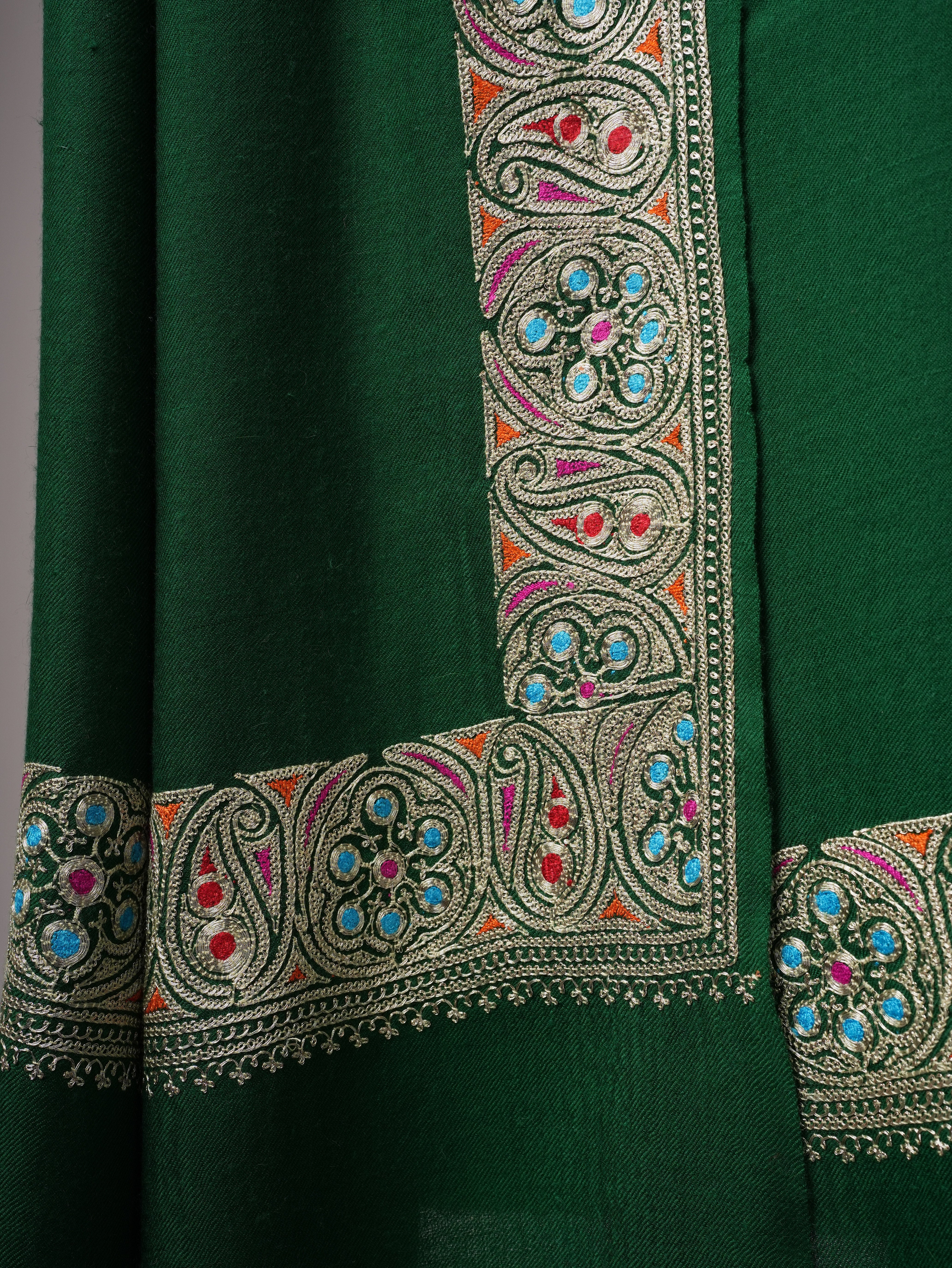 Emerald Green Pashmina Shawl with Watergold Tilla Embroidery and Sozni Shahkaar