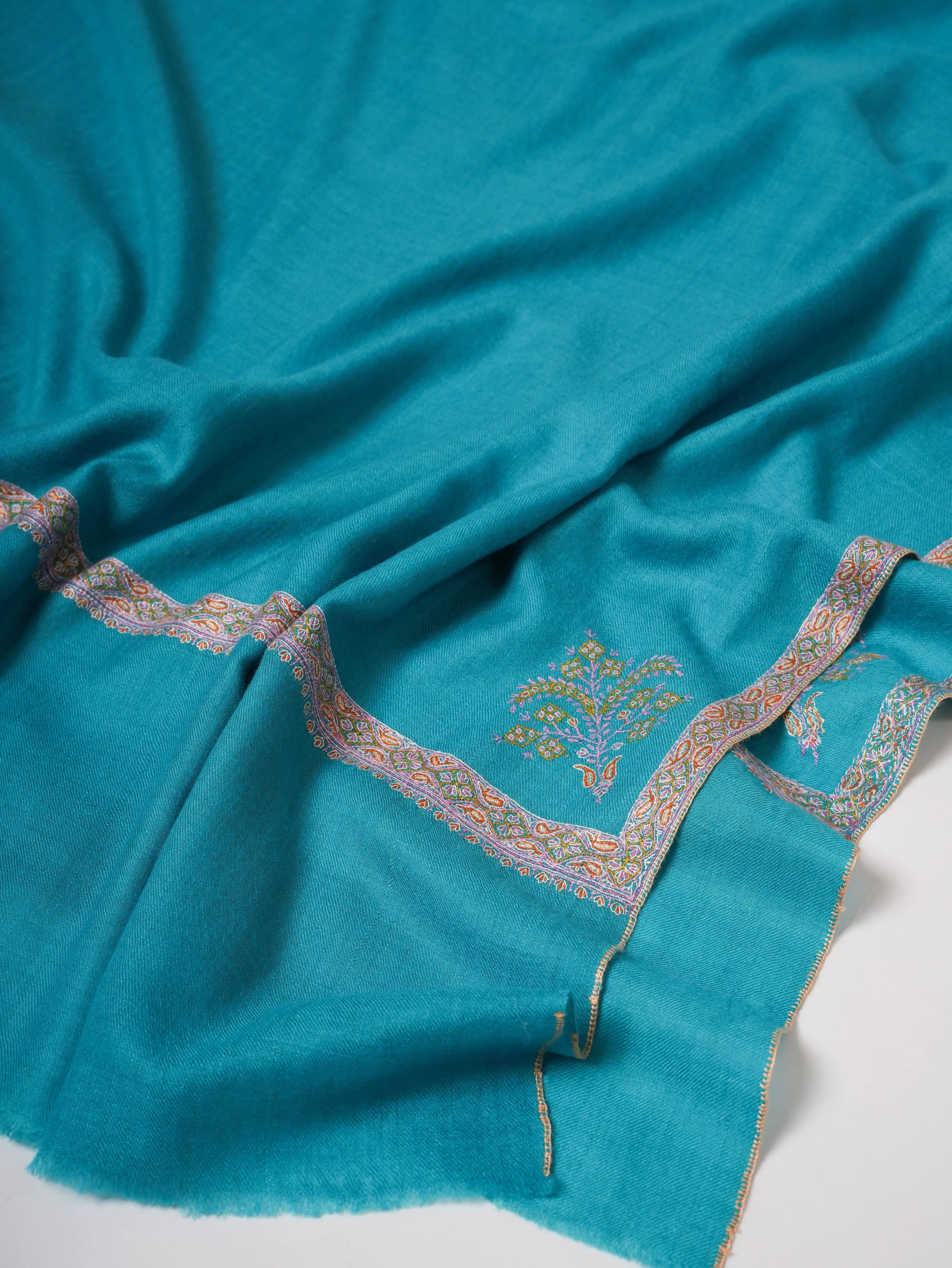 Turquoise Shahkaar Pashmina Shawl with Hand Embroidered Hashia Borders Shahkaar