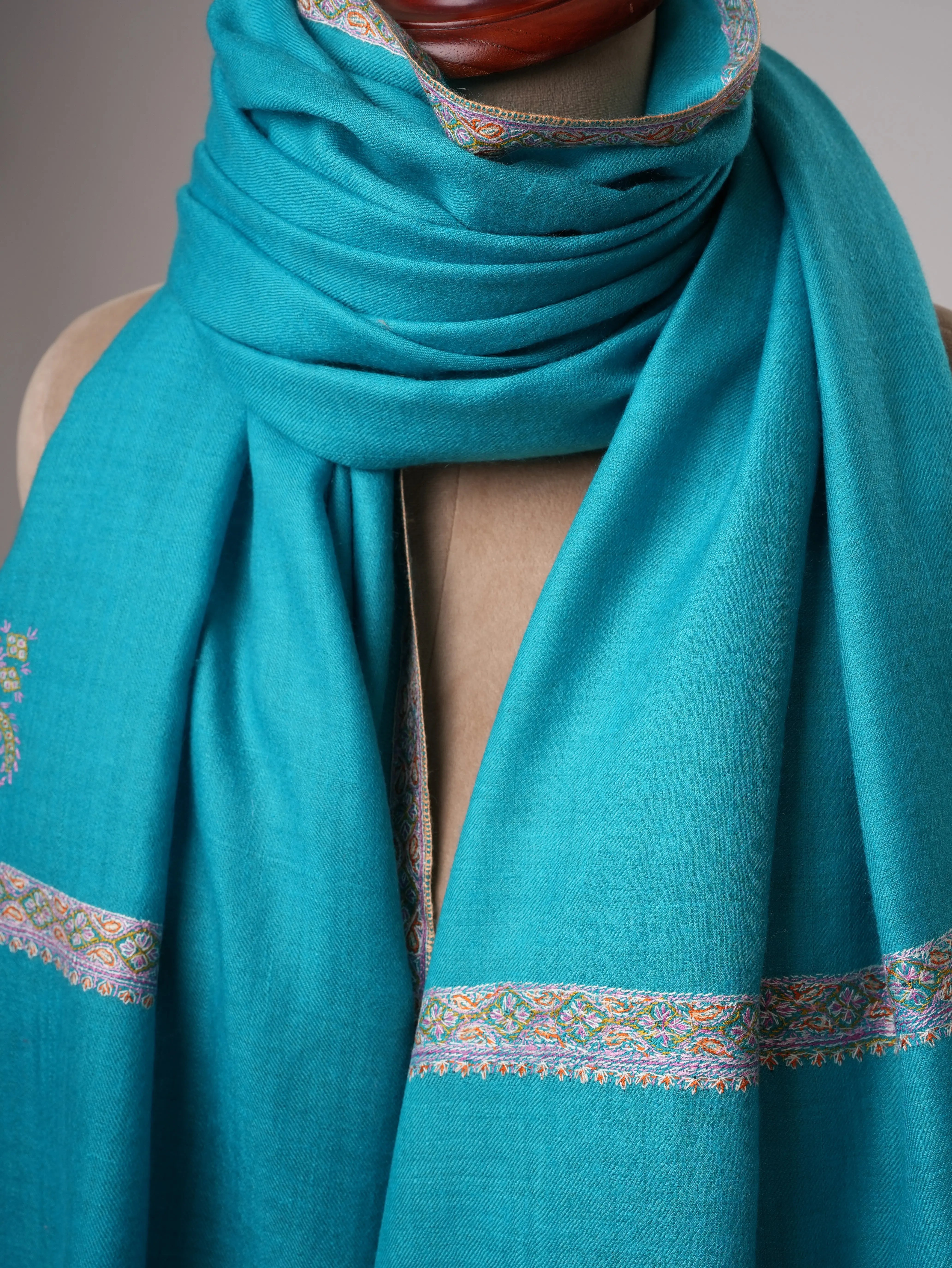 Turquoise Shahkaar Pashmina Shawl with Hand Embroidered Hashia Borders Shahkaar