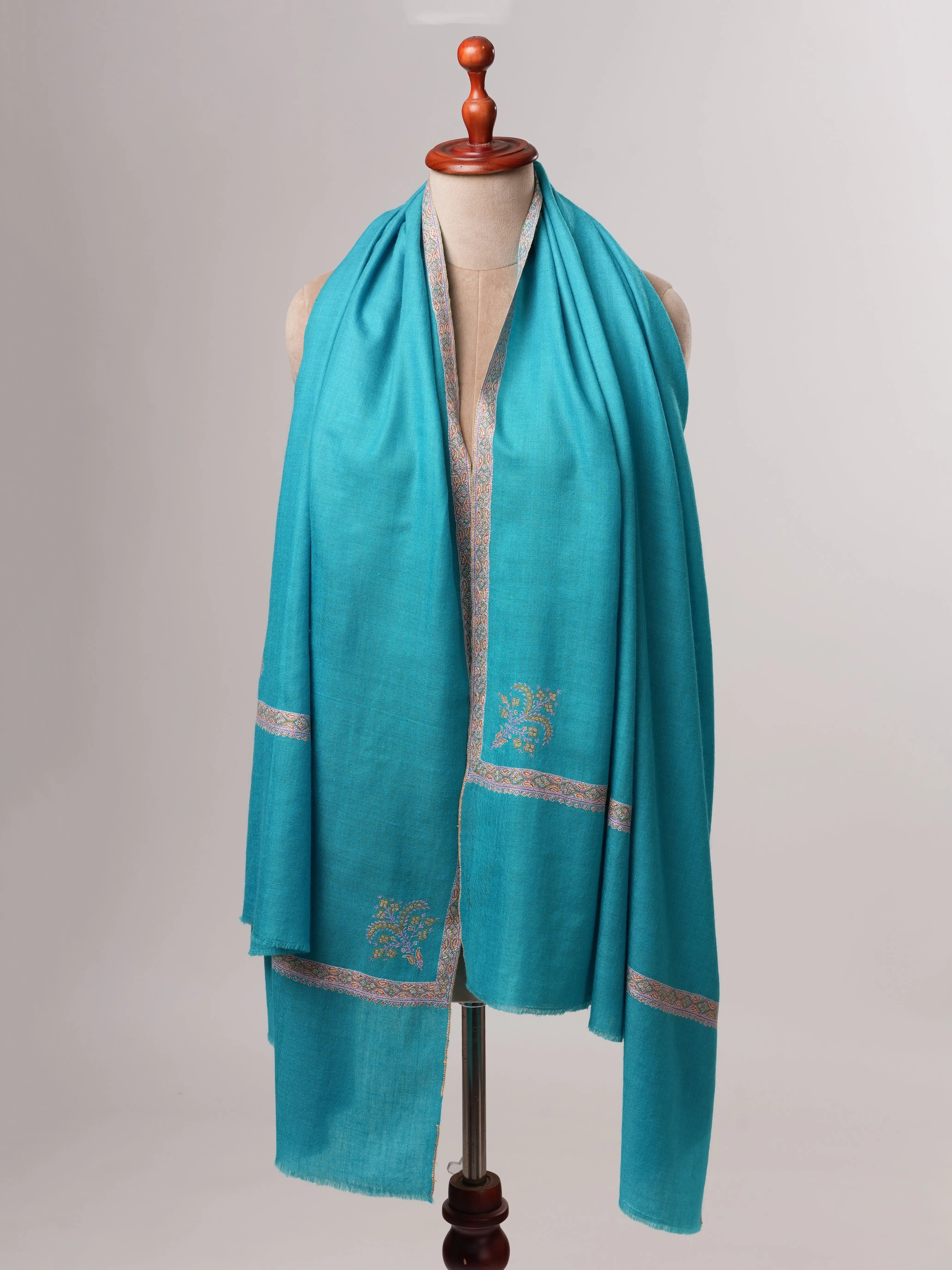 Turquoise Shahkaar Pashmina Shawl with Hand Embroidered Hashia Borders Shahkaar