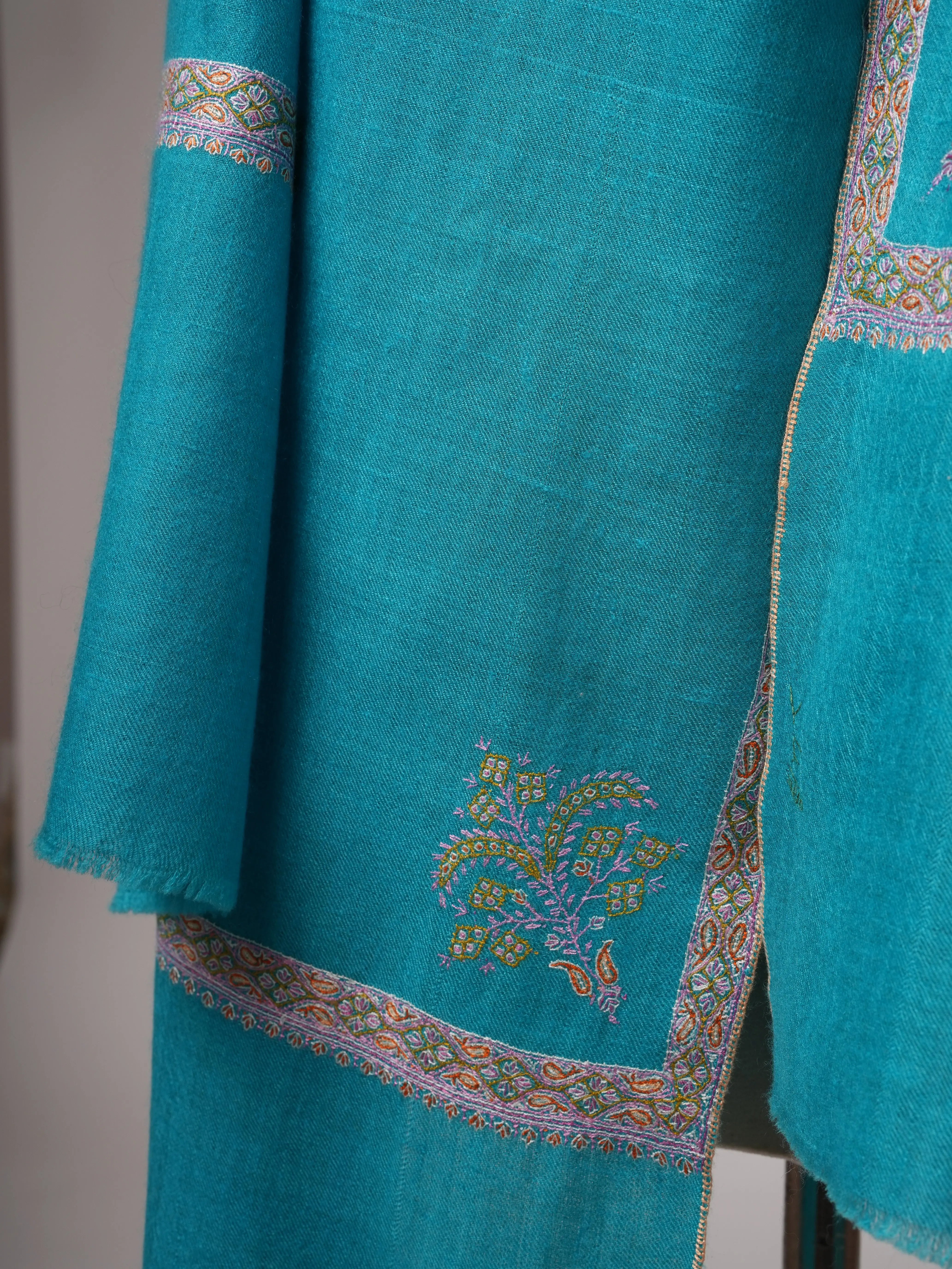 Turquoise Shahkaar Pashmina Shawl with Hand Embroidered Hashia Borders Shahkaar