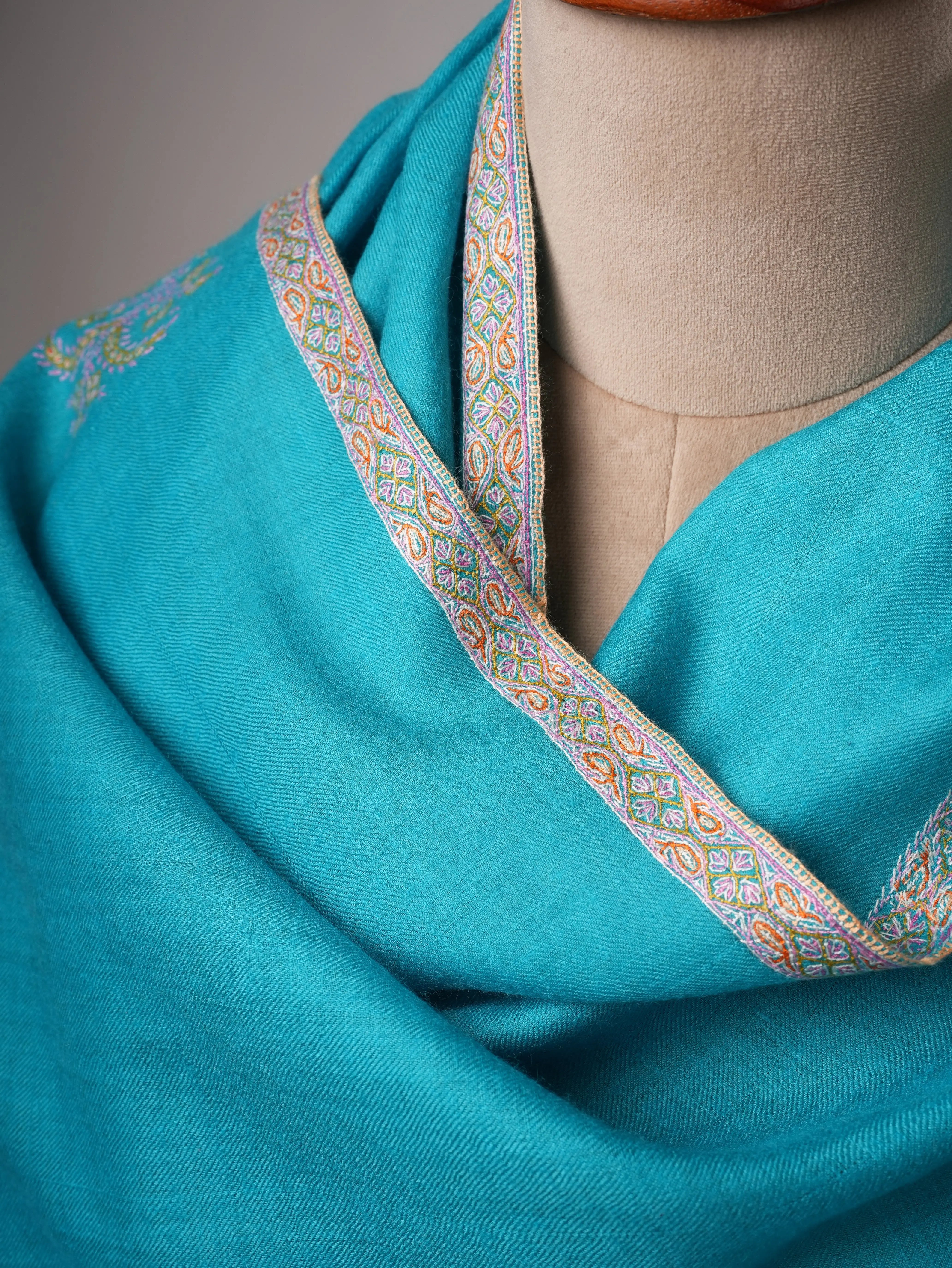 Turquoise Shahkaar Pashmina Shawl with Hand Embroidered Hashia Borders Shahkaar