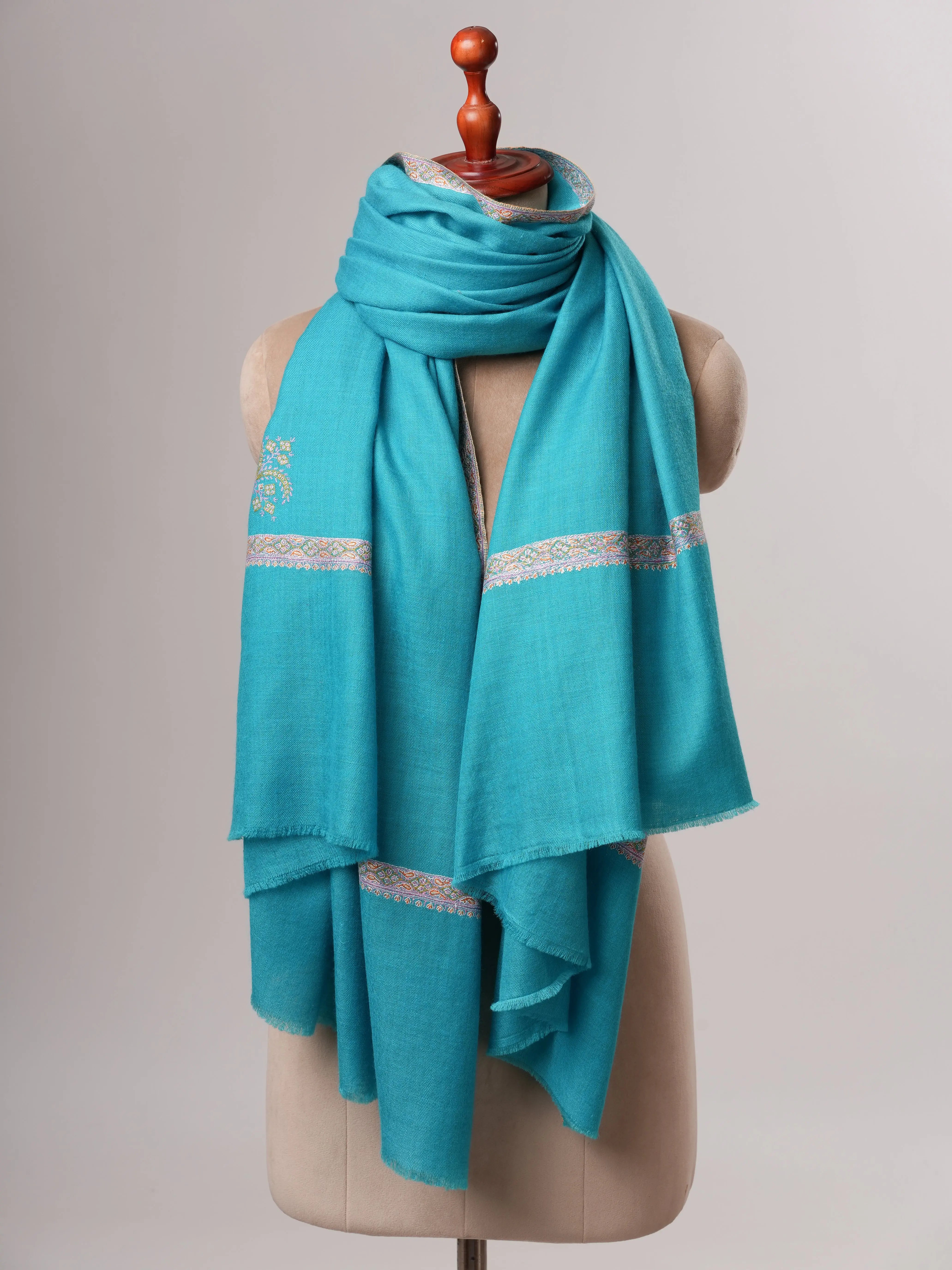 Turquoise Shahkaar Pashmina Shawl with Hand Embroidered Hashia Borders Shahkaar