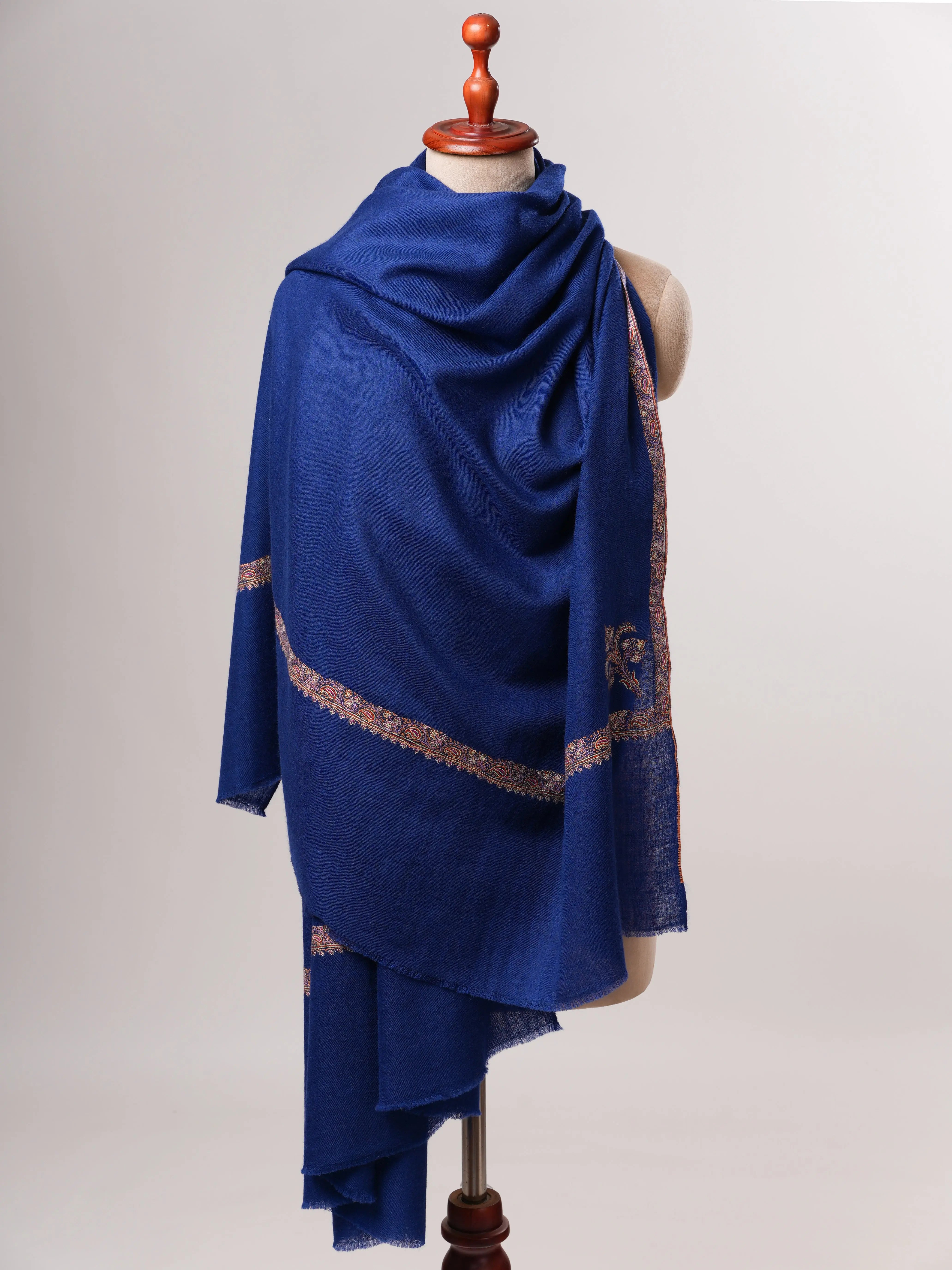 Handcrafted Navy Pashmina Shawl Featuring Fine Hashia Sozni Work Shahkaar