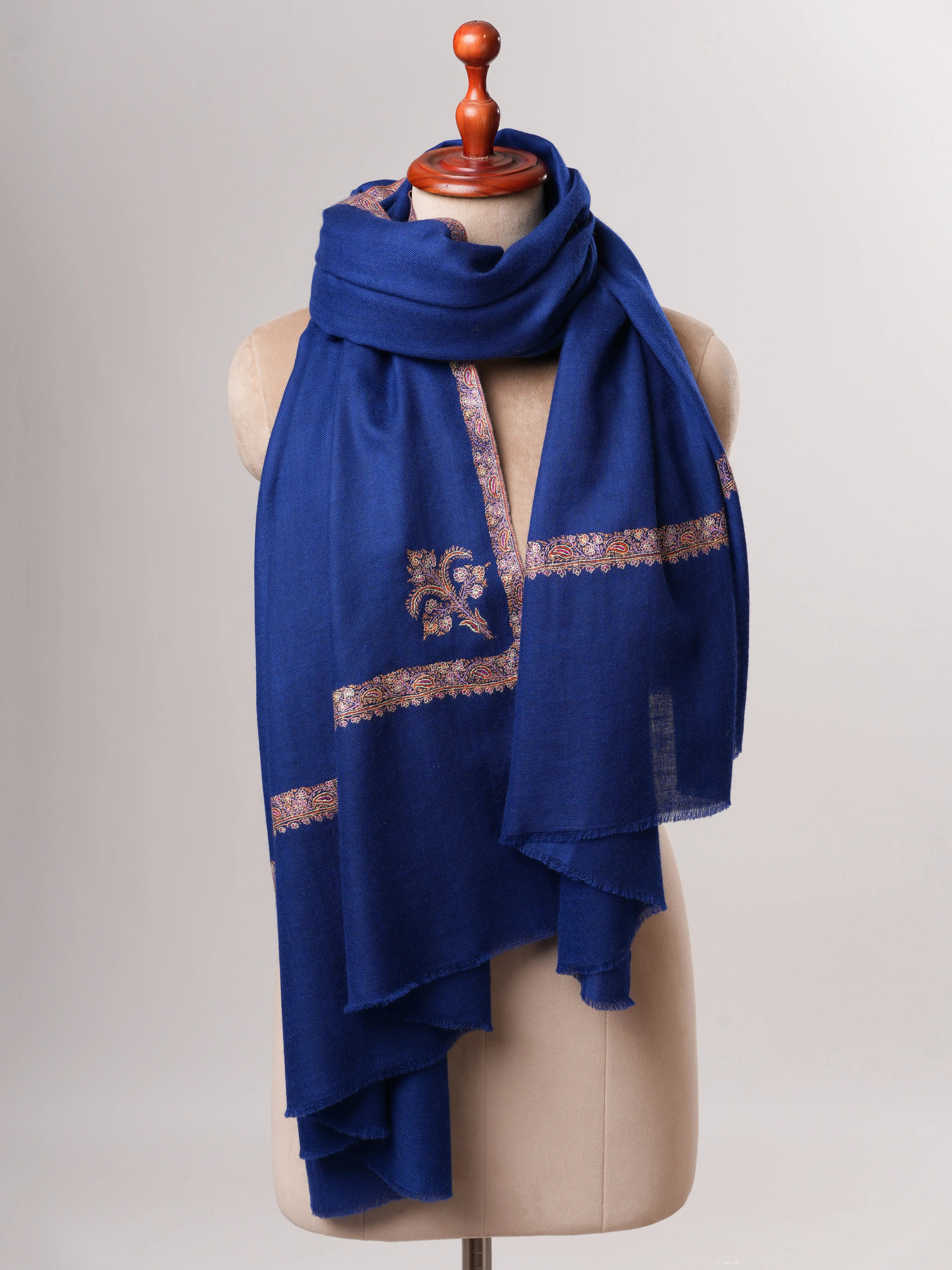 Handcrafted Navy Pashmina Shawl Featuring Fine Hashia Sozni Work Shahkaar