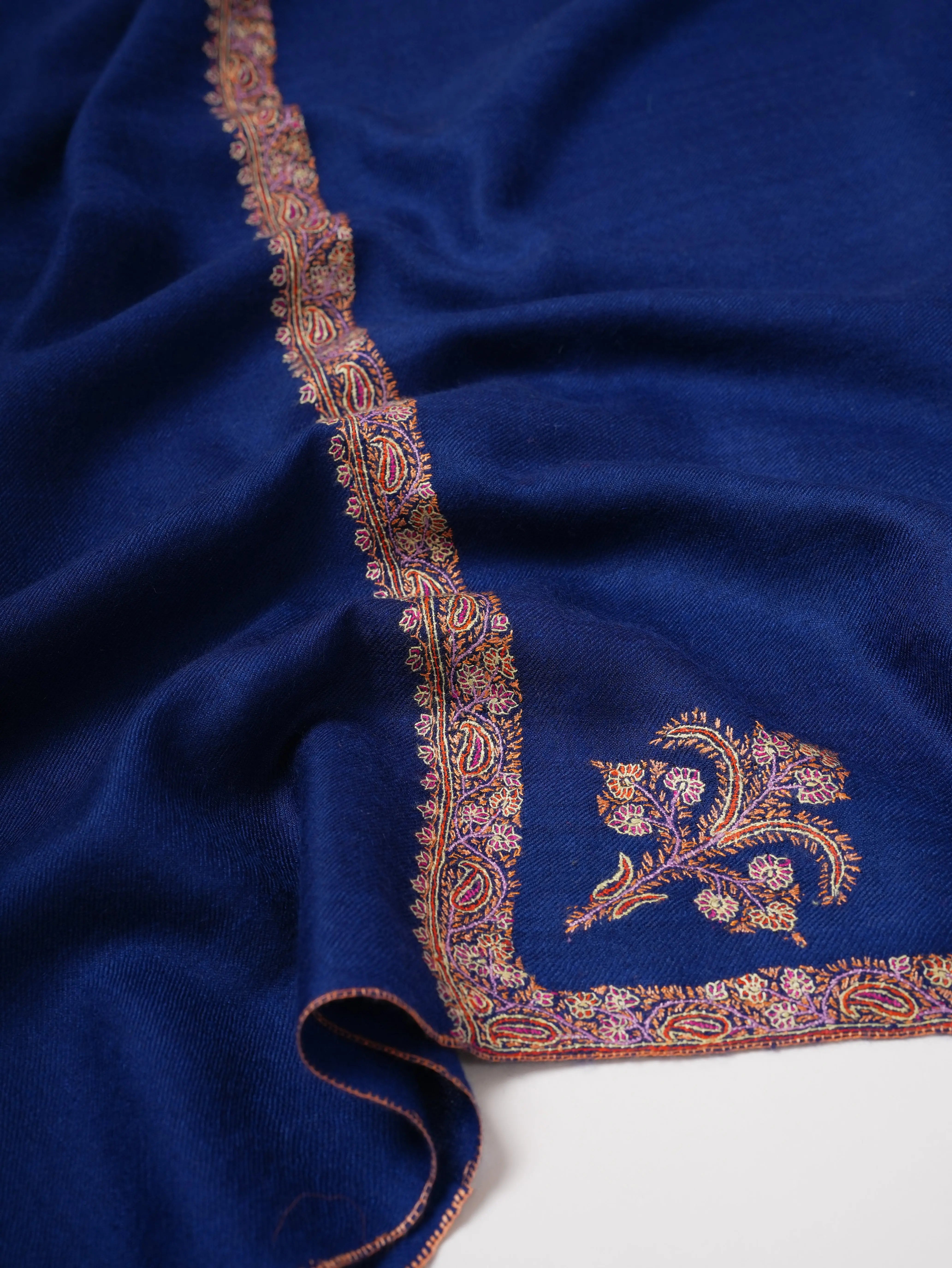 Handcrafted Navy Pashmina Shawl Featuring Fine Hashia Sozni Work Shahkaar