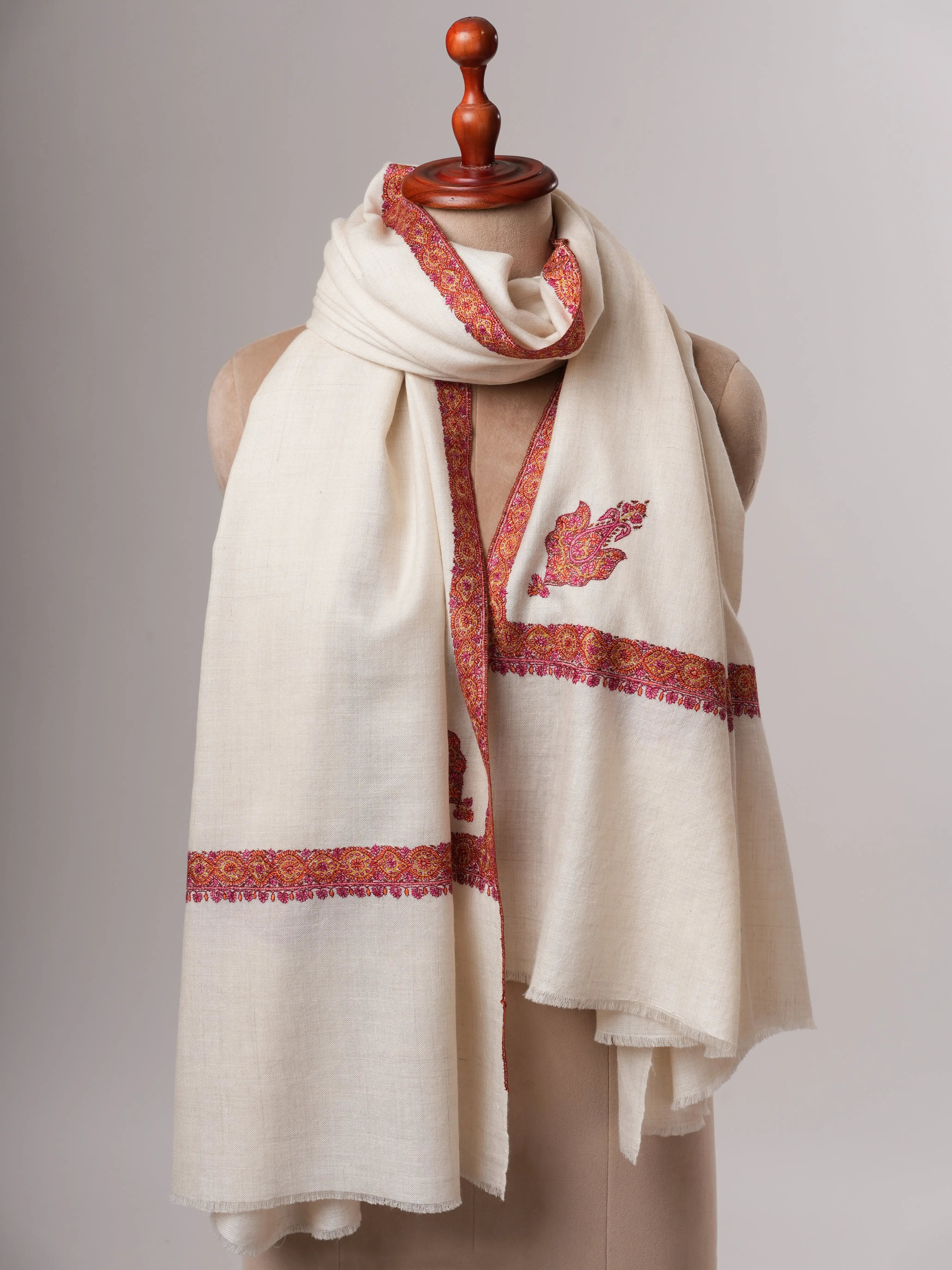 Feather Light Ivory Pashmina Shawl with Hashia Hand Embroidery Shahkaar