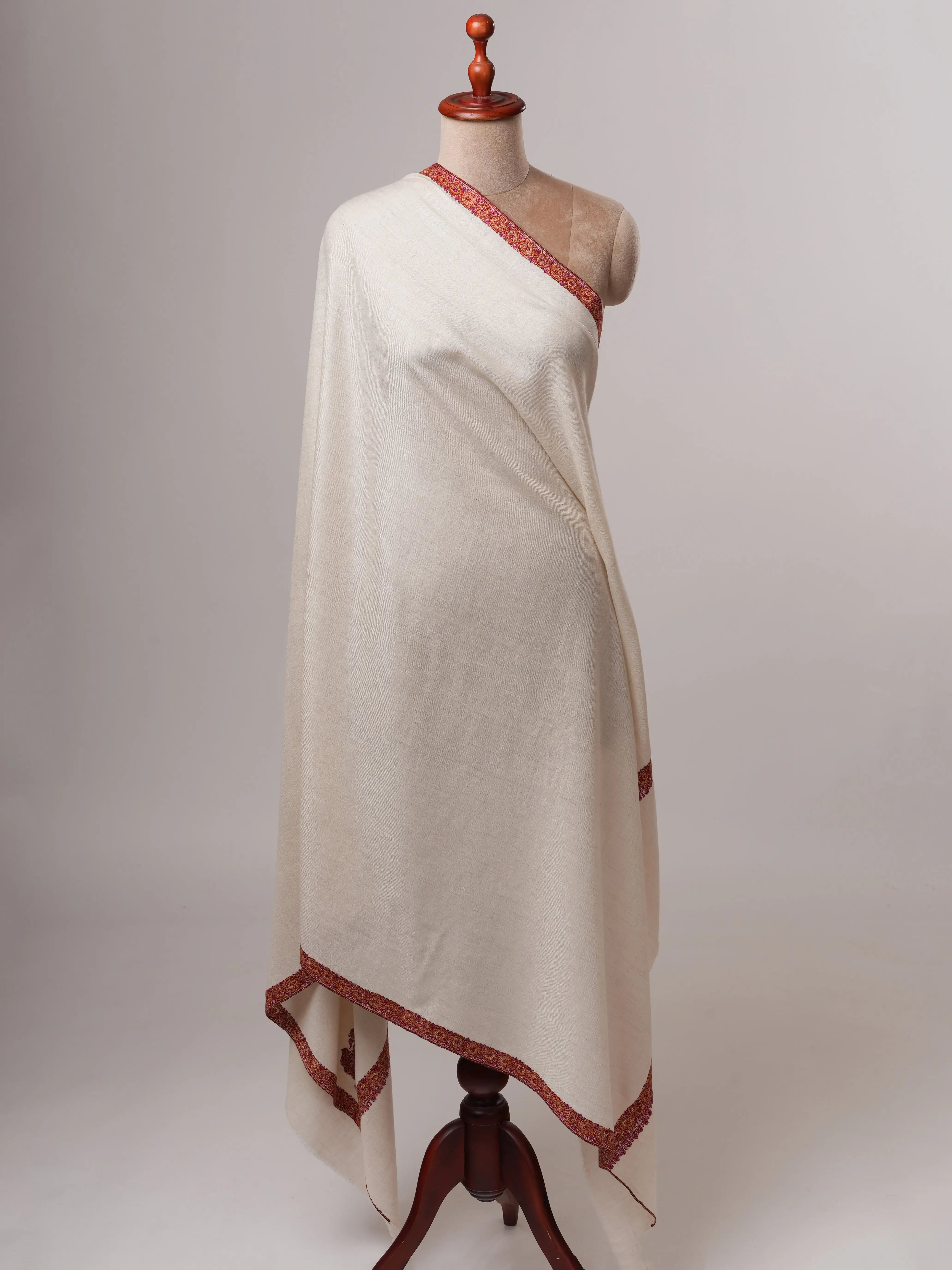 Feather Light Ivory Pashmina Shawl with Hashia Hand Embroidery Shahkaar