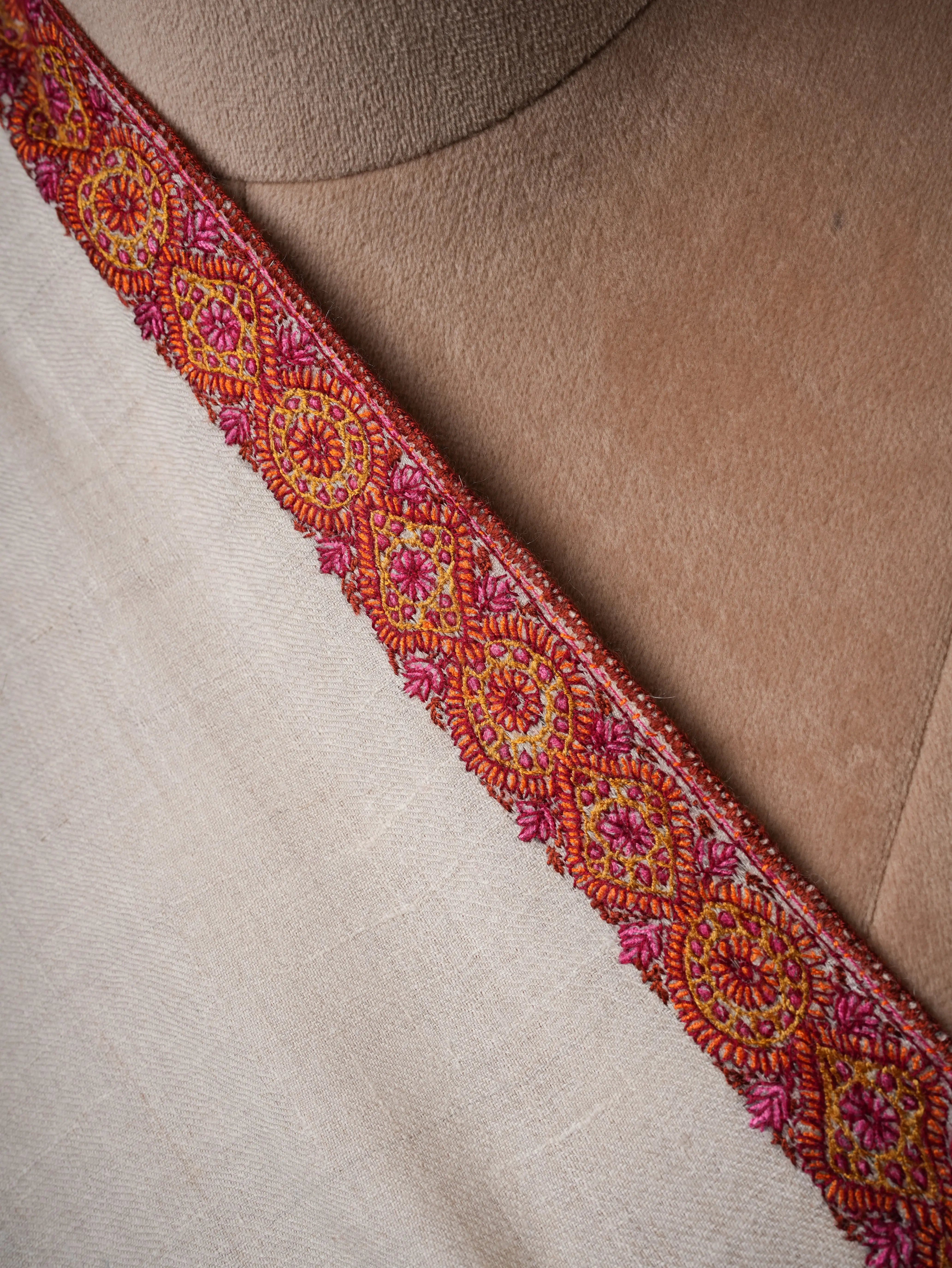 Feather Light Ivory Pashmina Shawl with Hashia Hand Embroidery Shahkaar