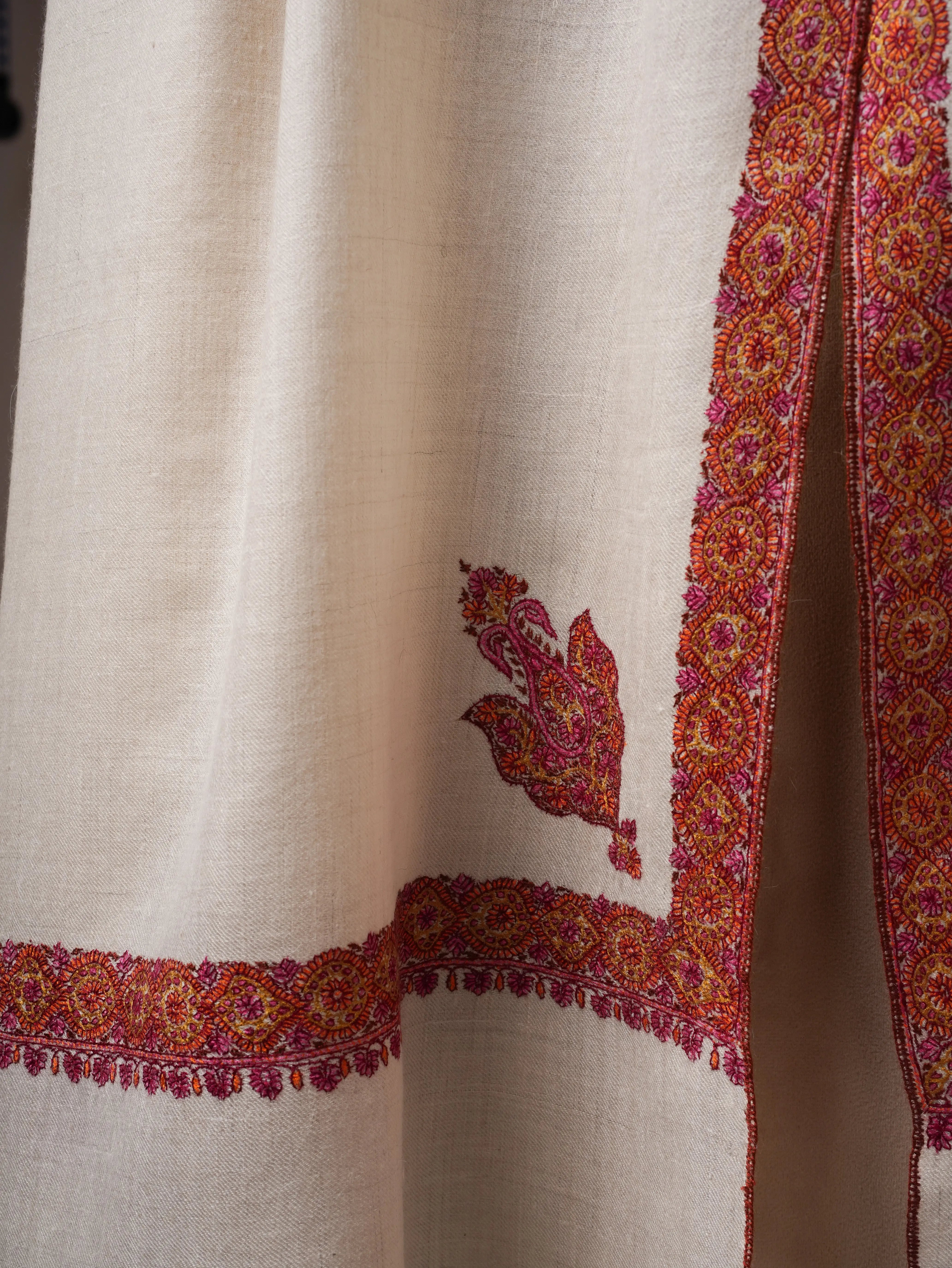 Feather Light Ivory Pashmina Shawl with Hashia Hand Embroidery Shahkaar