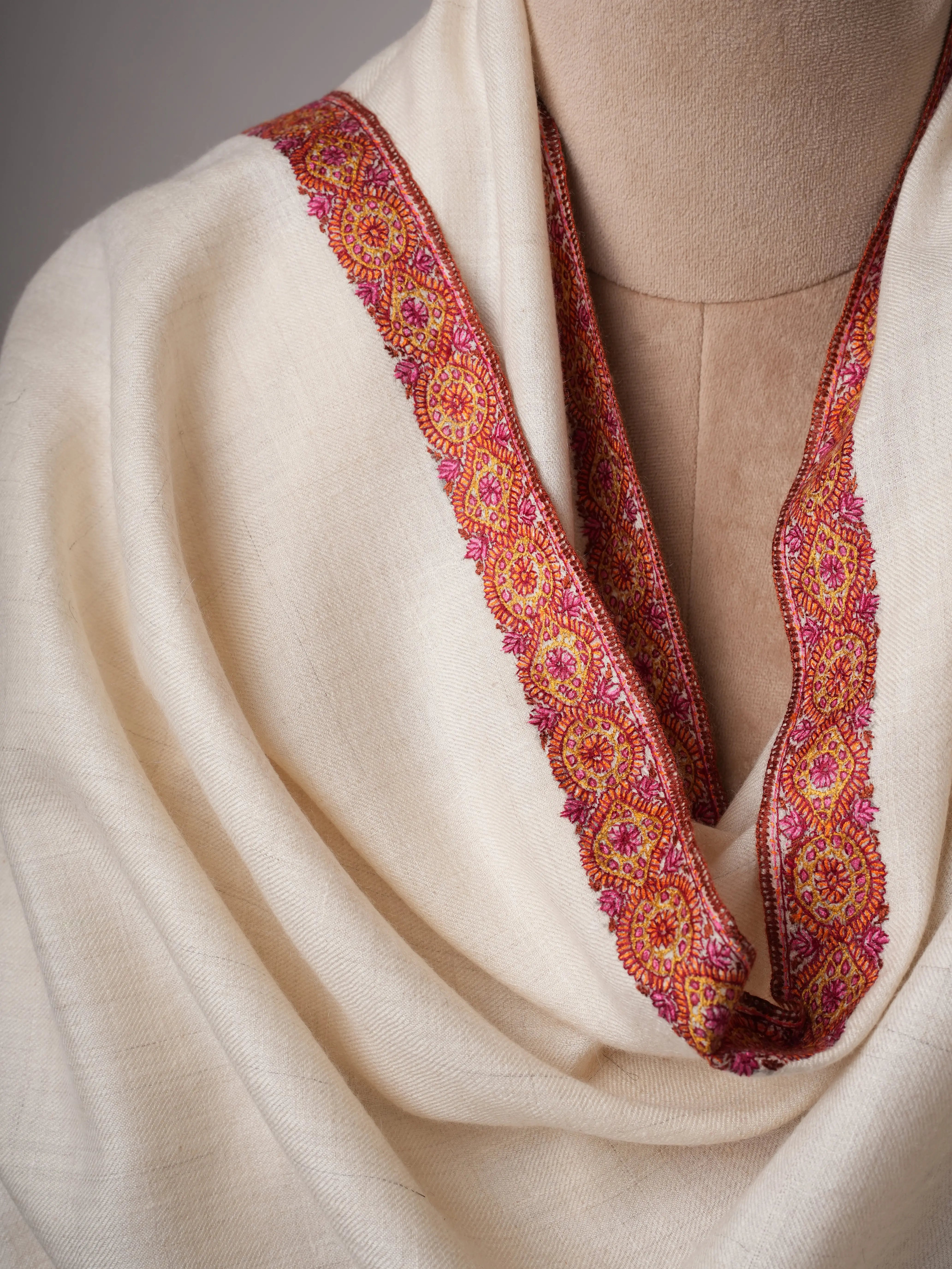 Feather Light Ivory Pashmina Shawl with Hashia Hand Embroidery Shahkaar