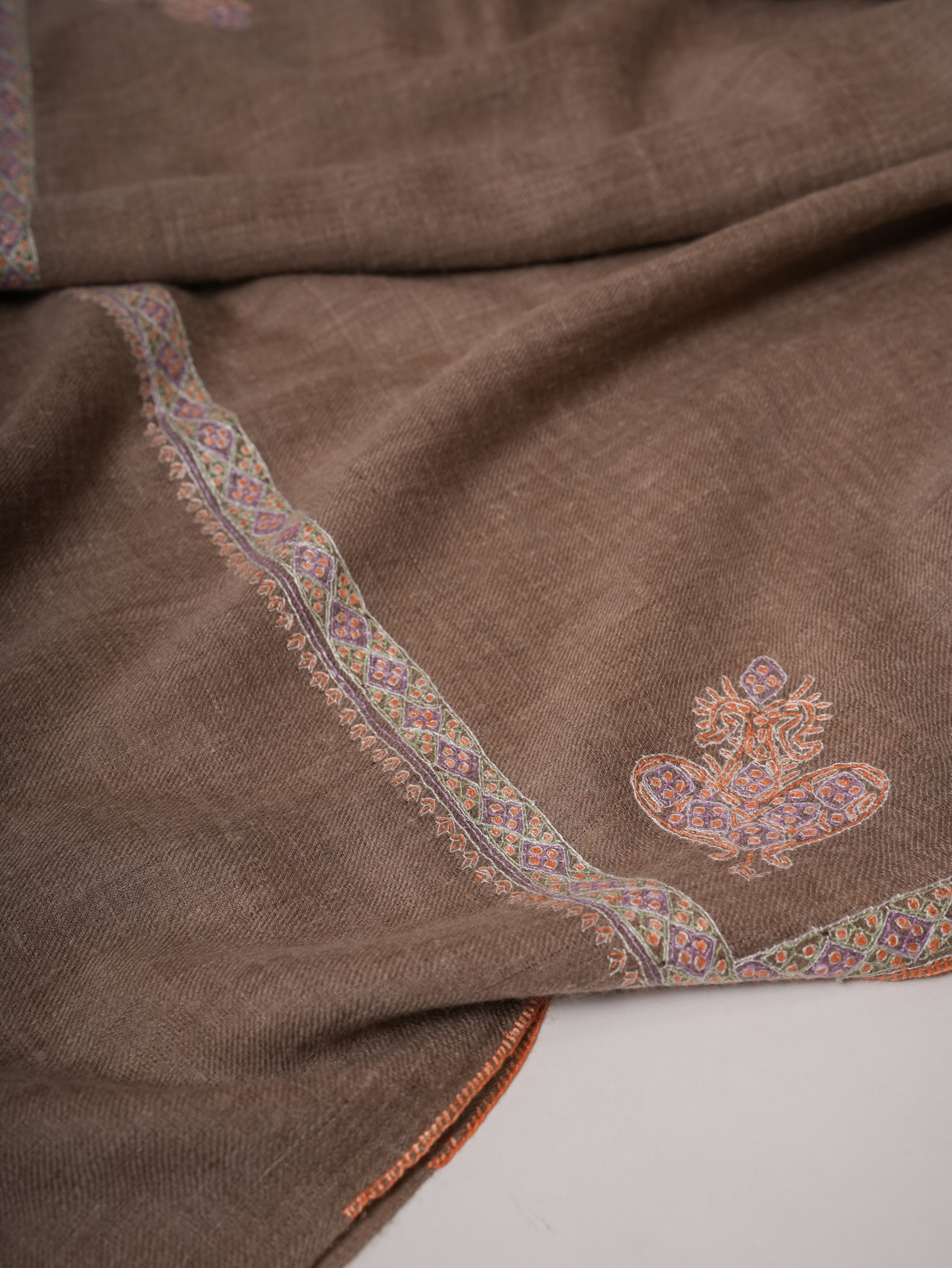 Natural Grey Cashmere Scarf with Hashia Hand Embroidery & Corner Paisley Shahkaar