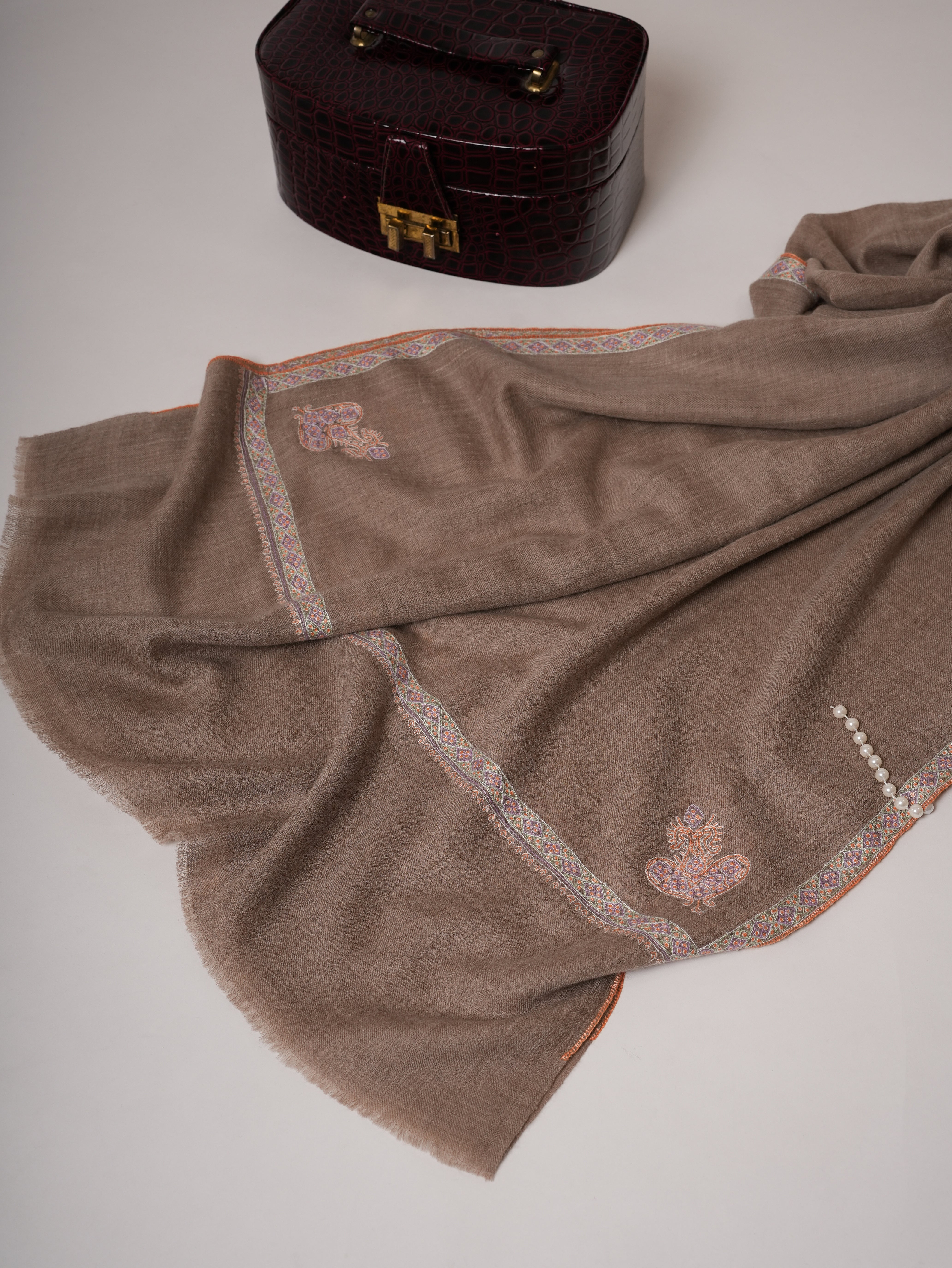 Natural Grey Cashmere Scarf with Hashia Hand Embroidery & Corner Paisley Shahkaar