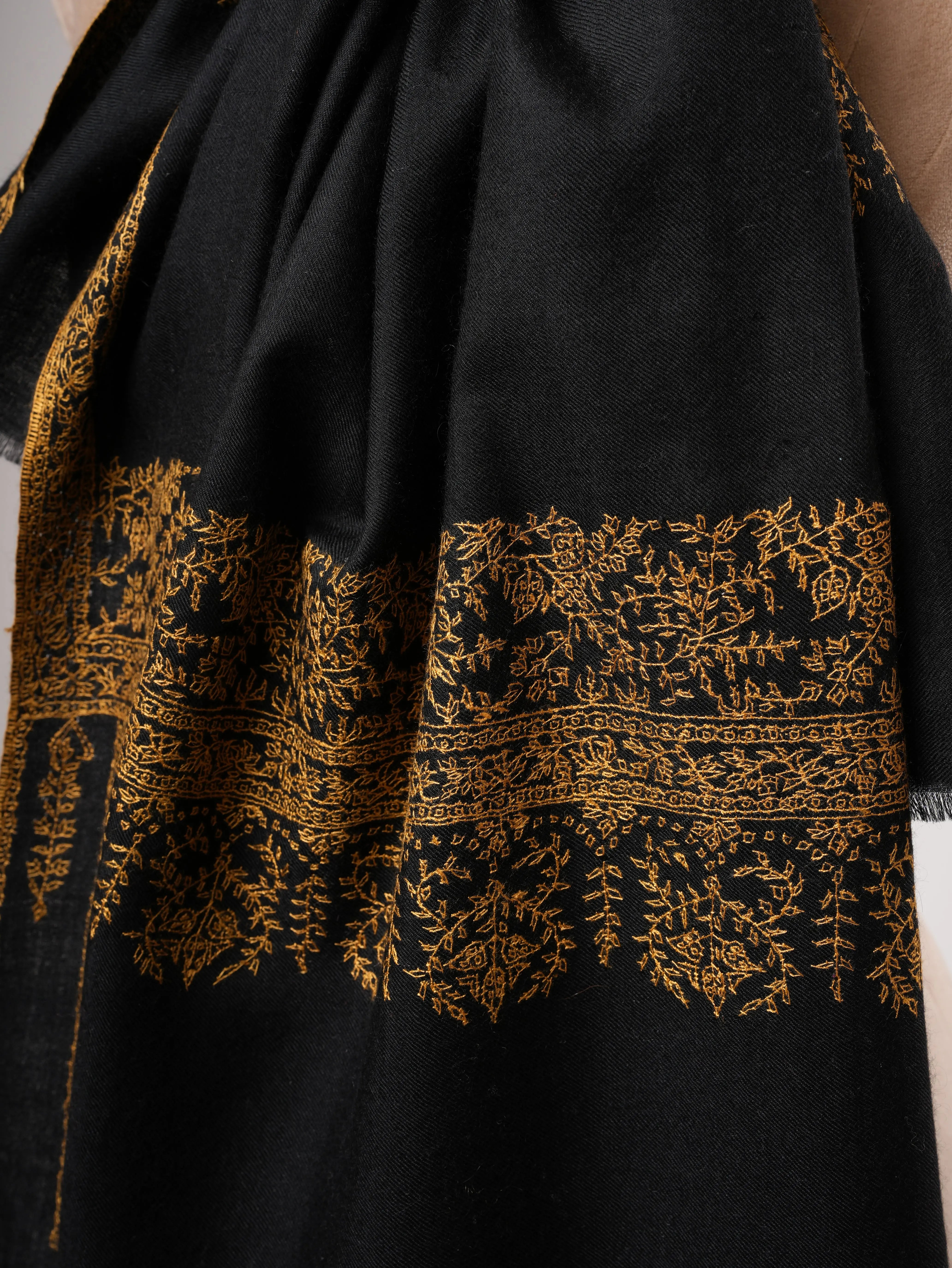 Black Pashmina Shawl – Hand-Embroidered Palla with Golden Detailing Shahkaar