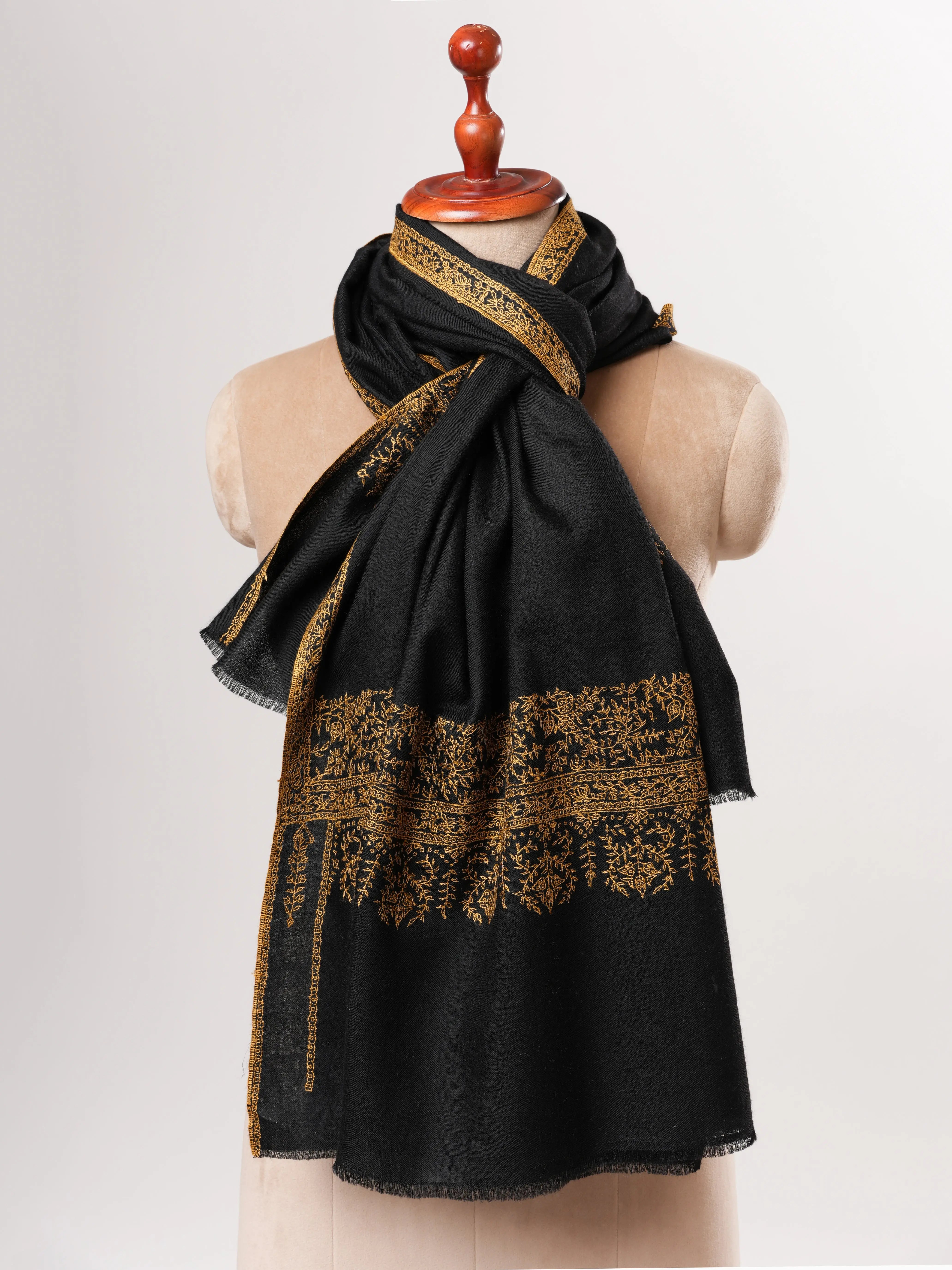 Black Pashmina Shawl – Hand-Embroidered Palla with Golden Detailing Shahkaar