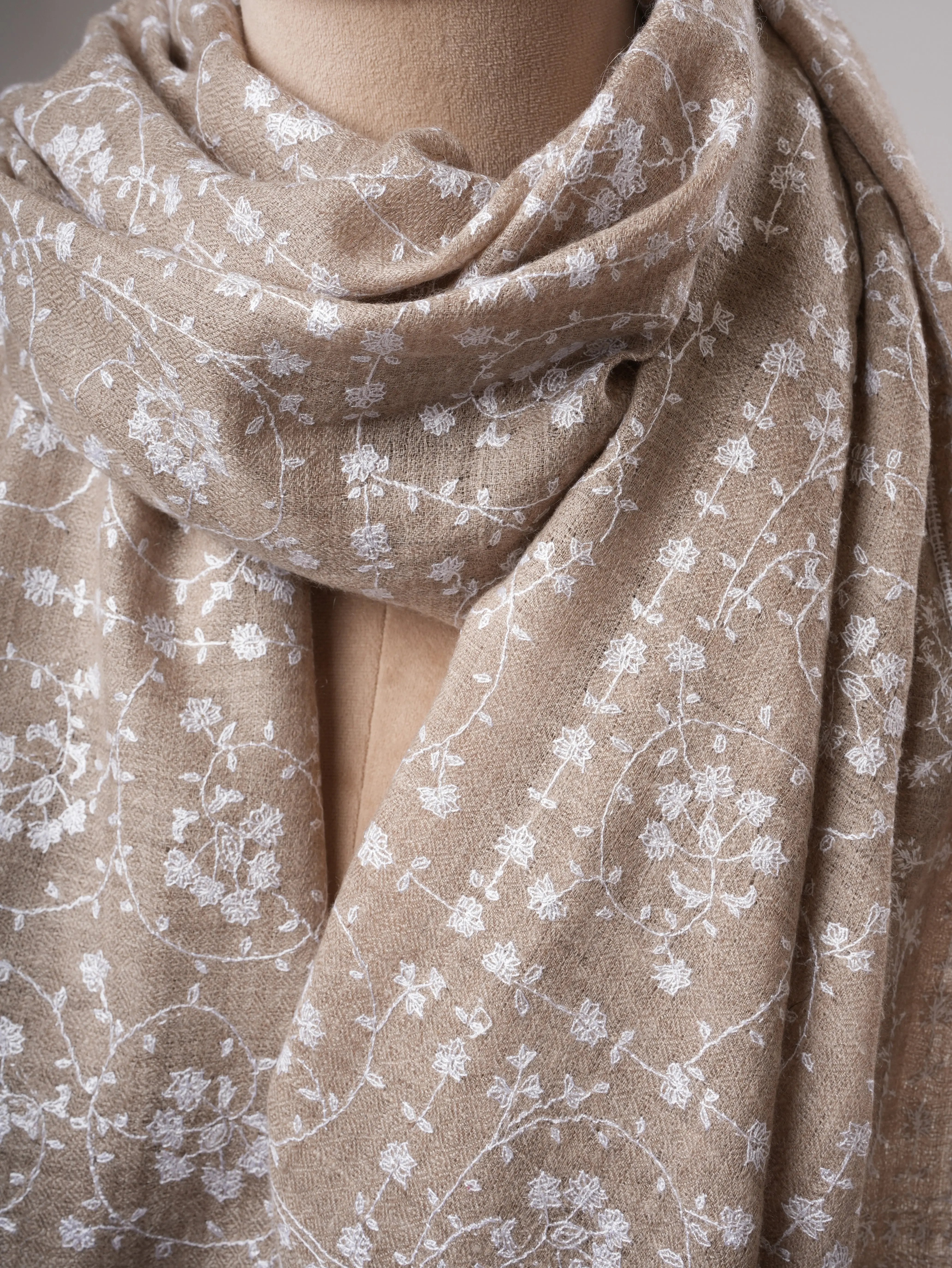 Natural Grey Lightweight Cashmere Scarf with White Hand Embroidery Shahkaar