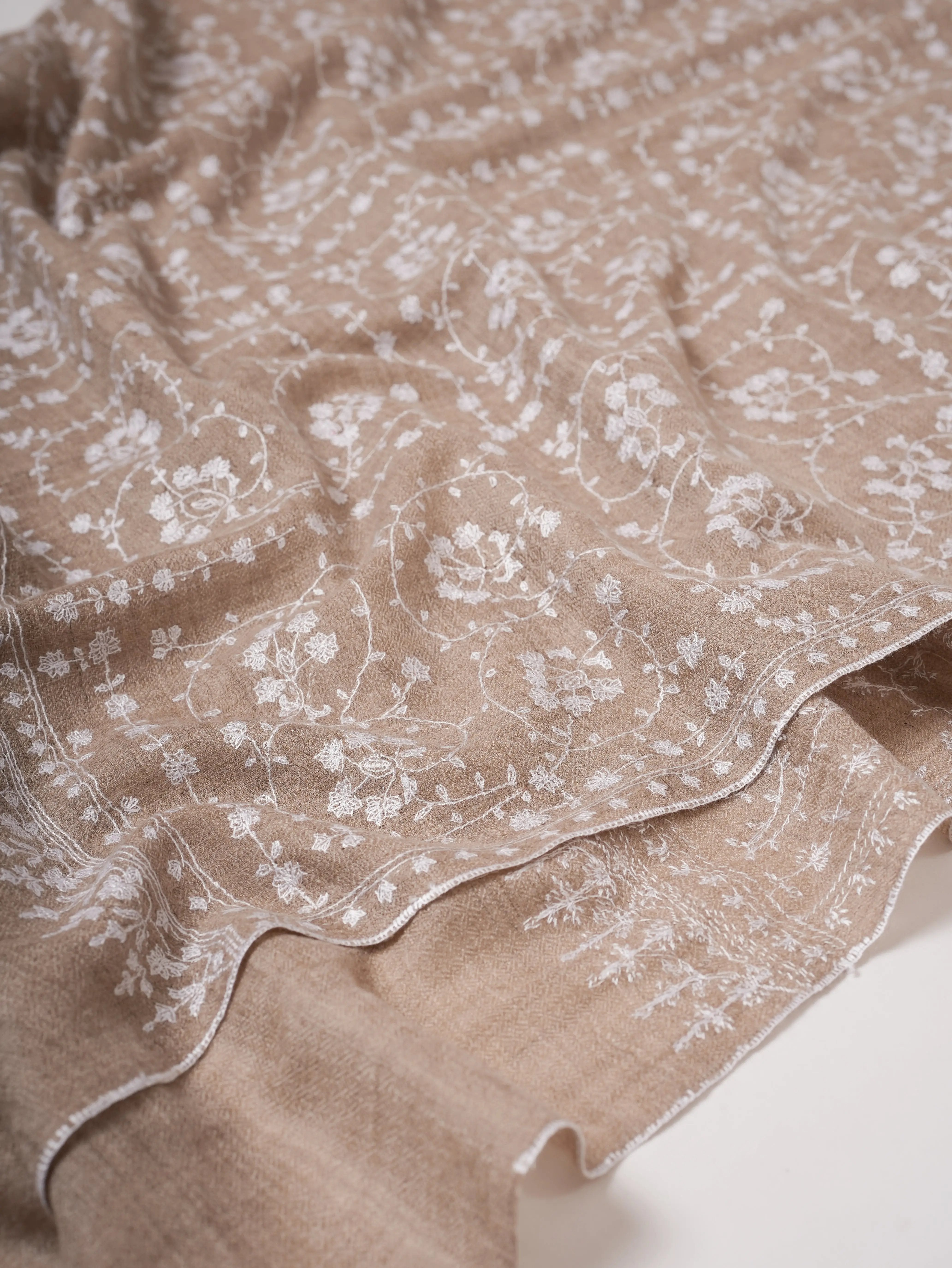 Natural Grey Lightweight Cashmere Scarf with White Hand Embroidery Shahkaar