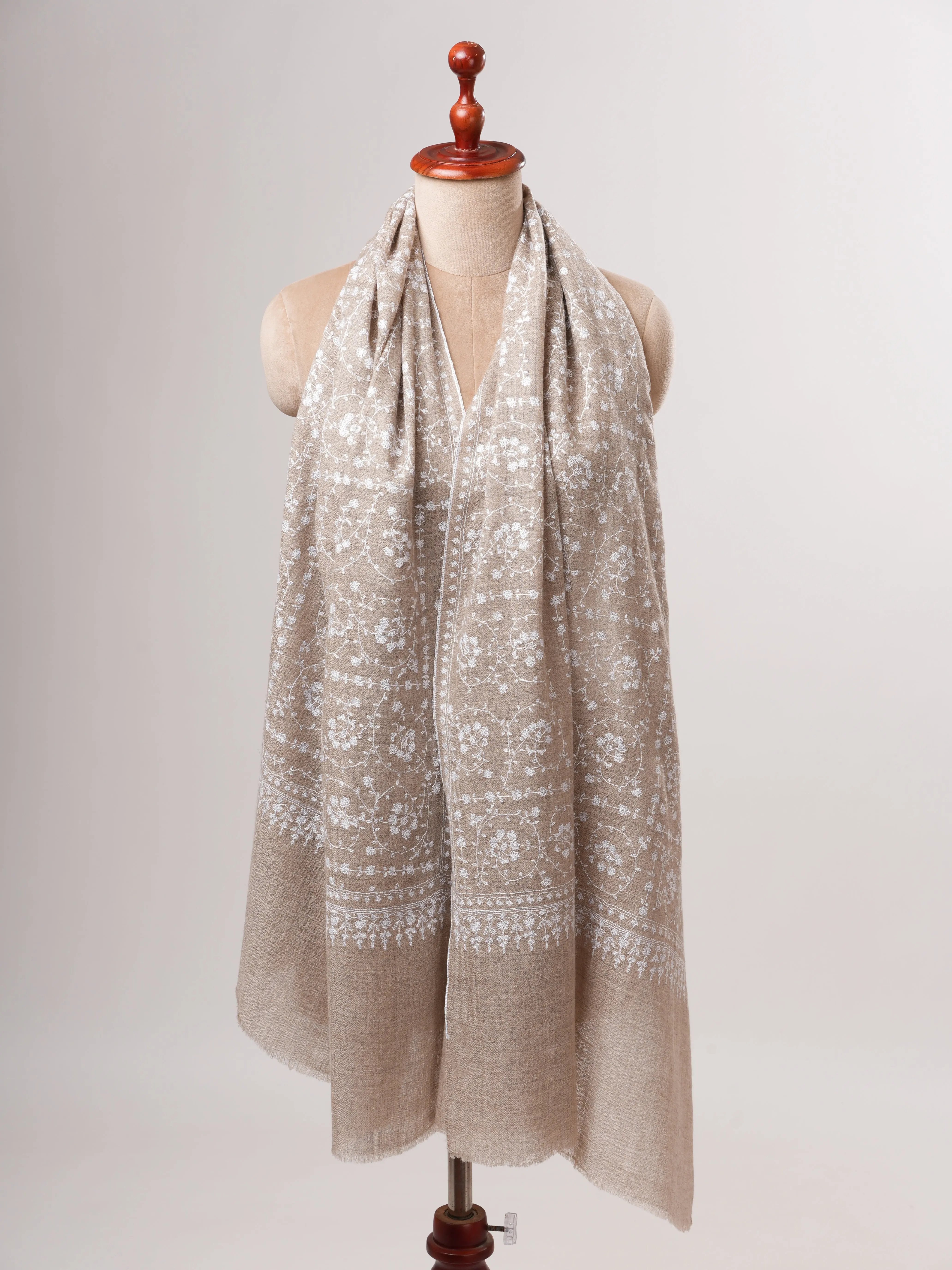 Natural Grey Lightweight Cashmere Scarf with White Hand Embroidery Shahkaar