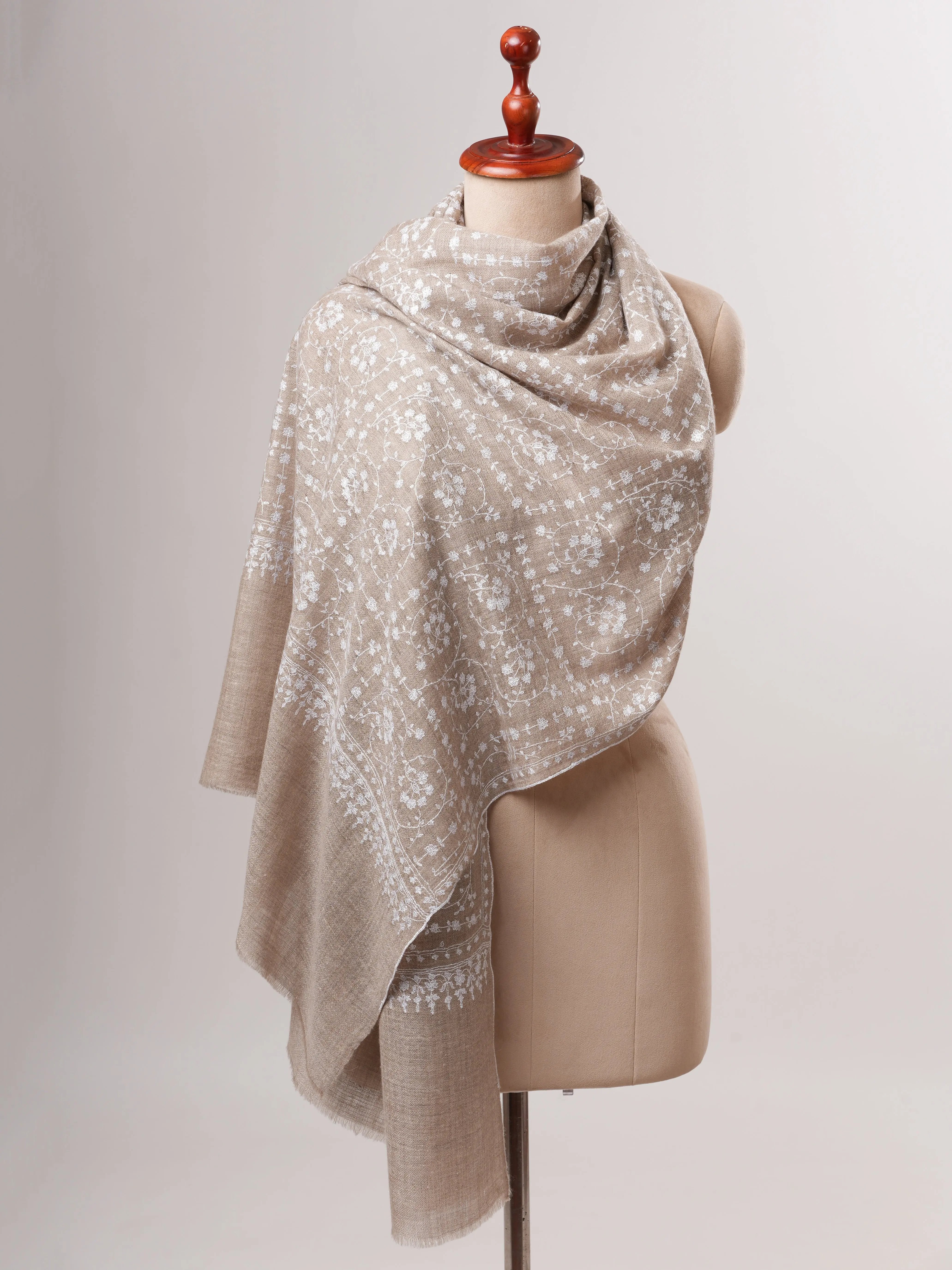 Natural Grey Lightweight Cashmere Scarf with White Hand Embroidery Shahkaar