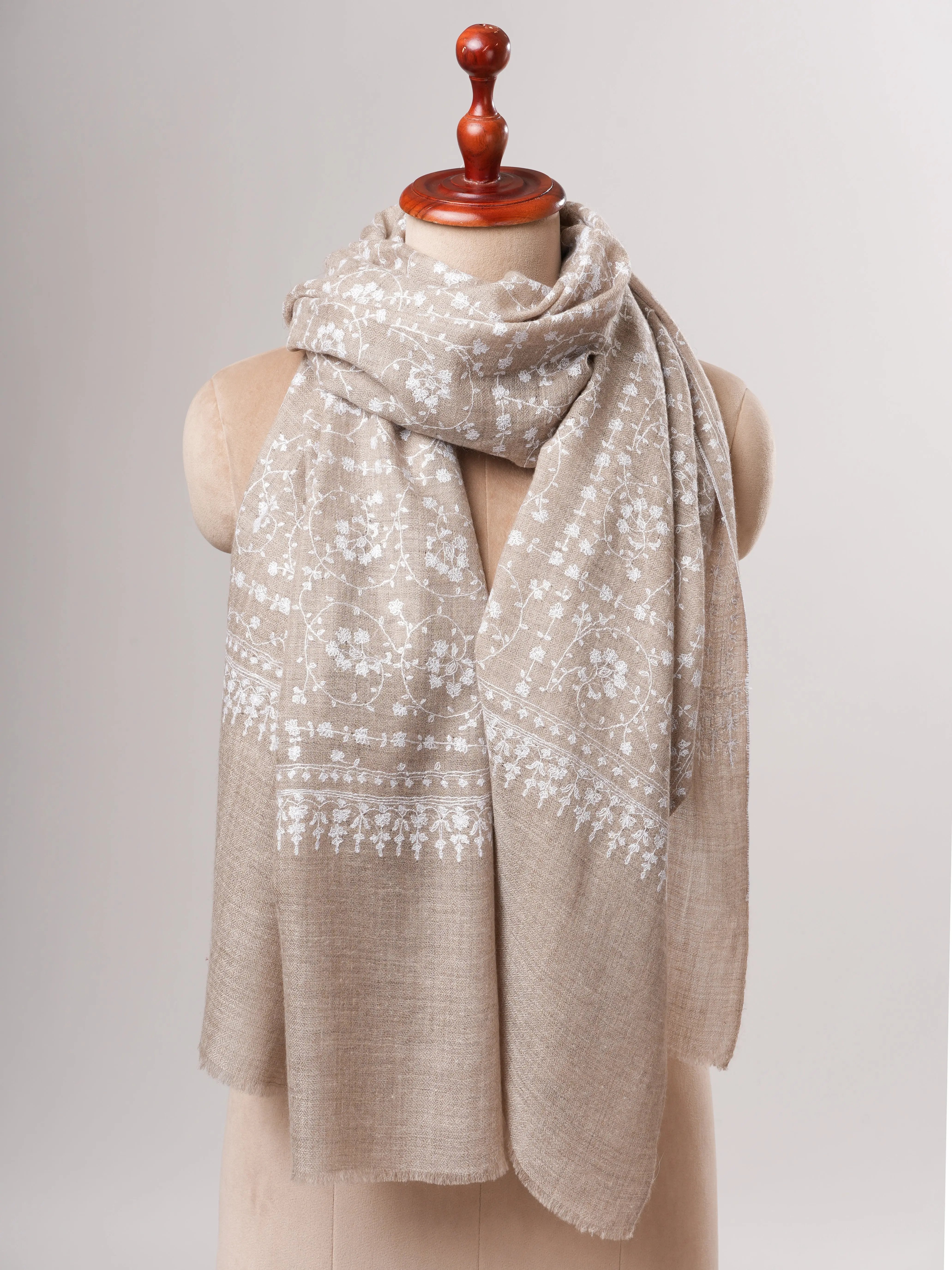 Natural Grey Lightweight Cashmere Scarf with White Hand Embroidery Shahkaar