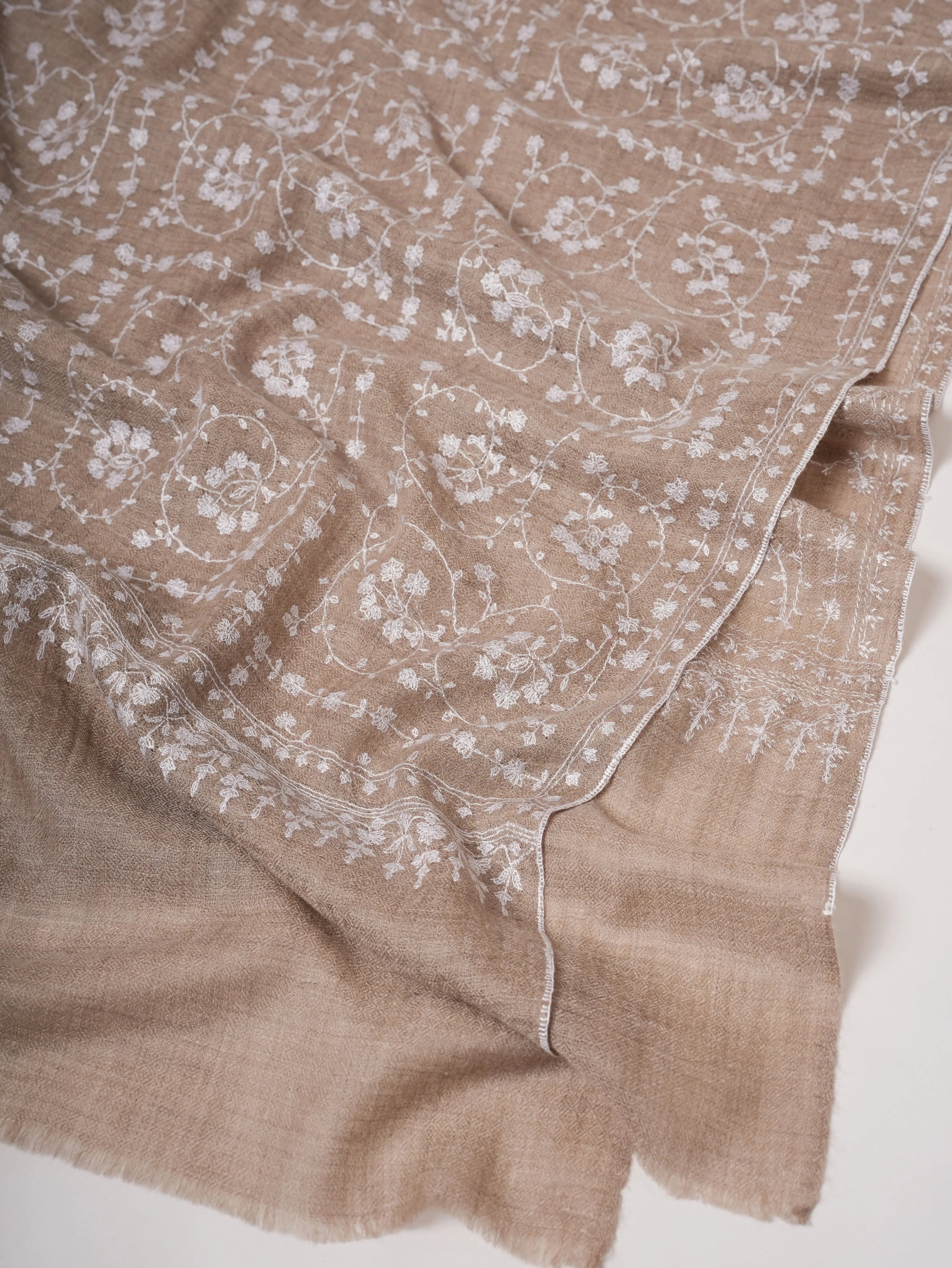 Natural Grey Lightweight Cashmere Scarf with White Hand Embroidery Shahkaar