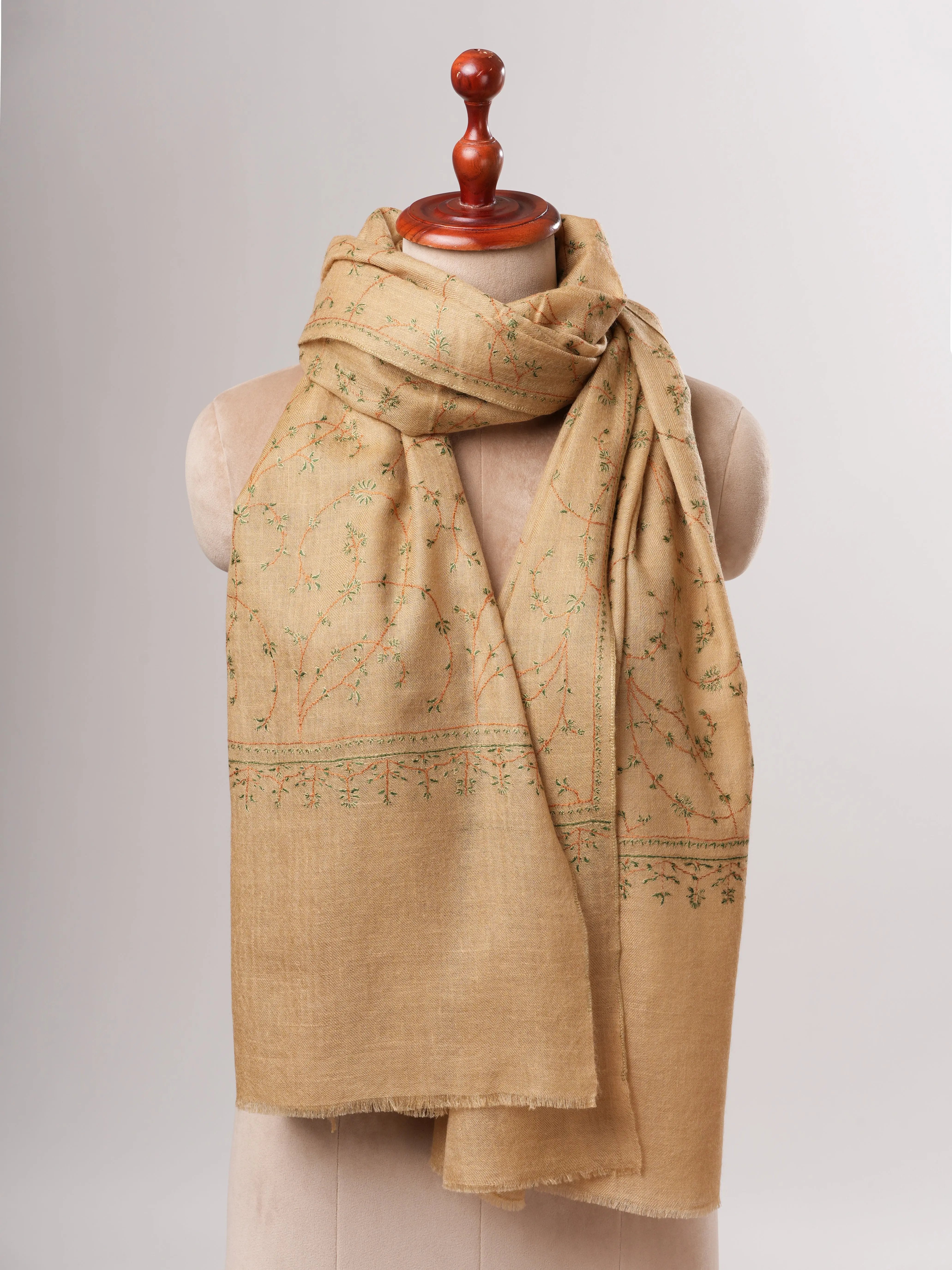 Minimalist Tan Cashmere Scarf with Fine Sozni Embroidery Shahkaar