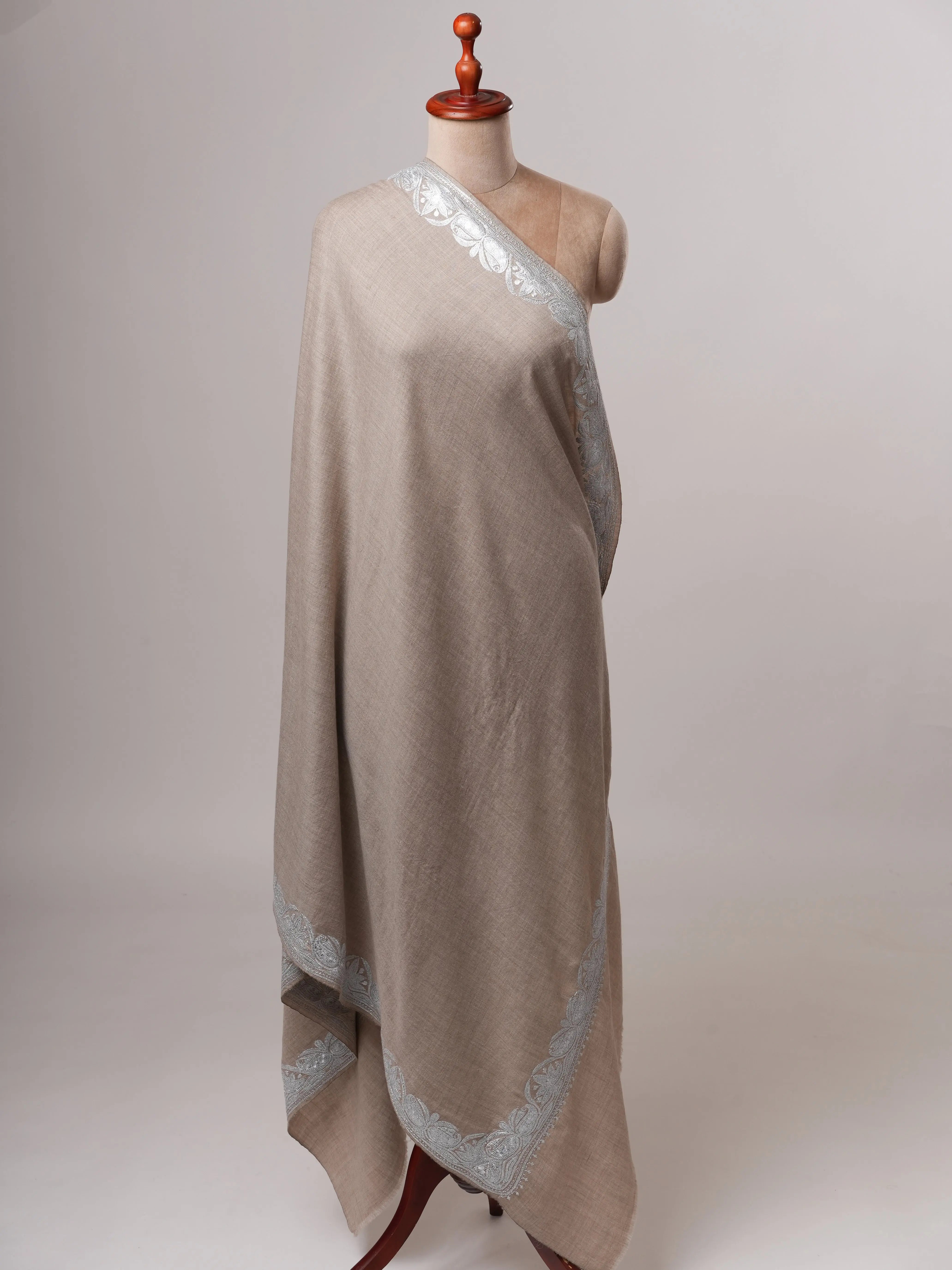 Handwoven Grey Pashmina Shawl Featuring Silver Tilla Embellishments Shahkaar