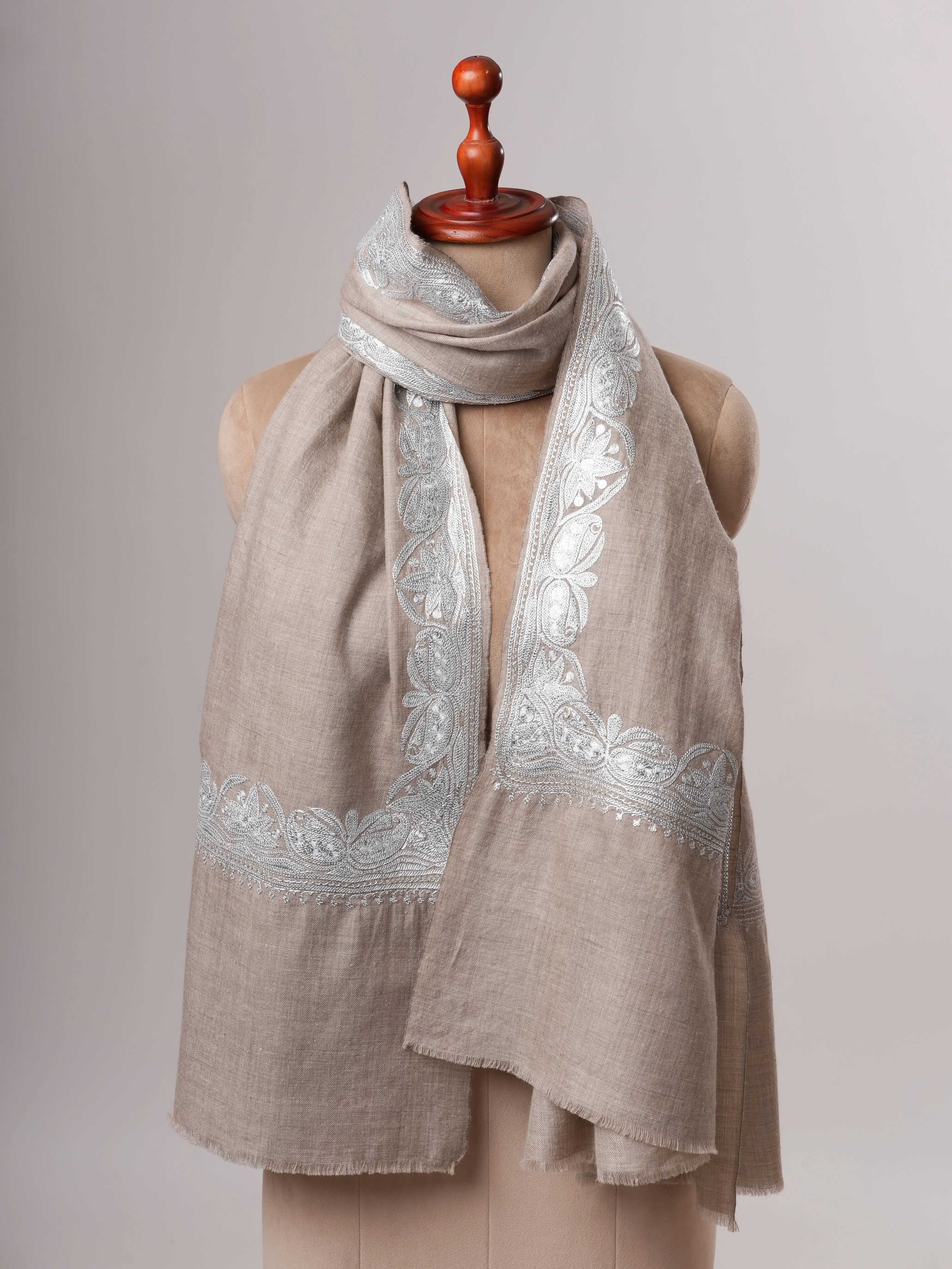 Handwoven Grey Pashmina Shawl Featuring Silver Tilla Embellishments Shahkaar