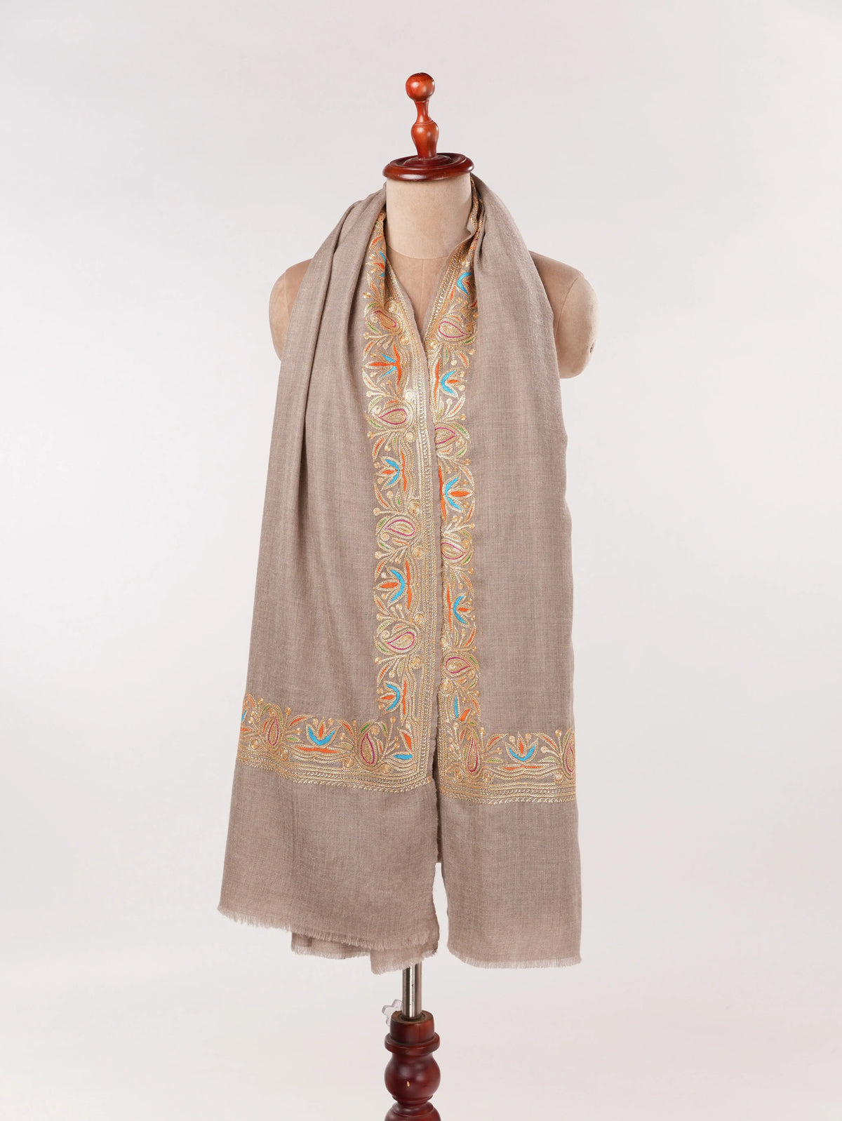 Tilla Embroidered Daurdar Natural Taupe Handwoven Pashmina Shawl from Kashmir Shahkaar.com