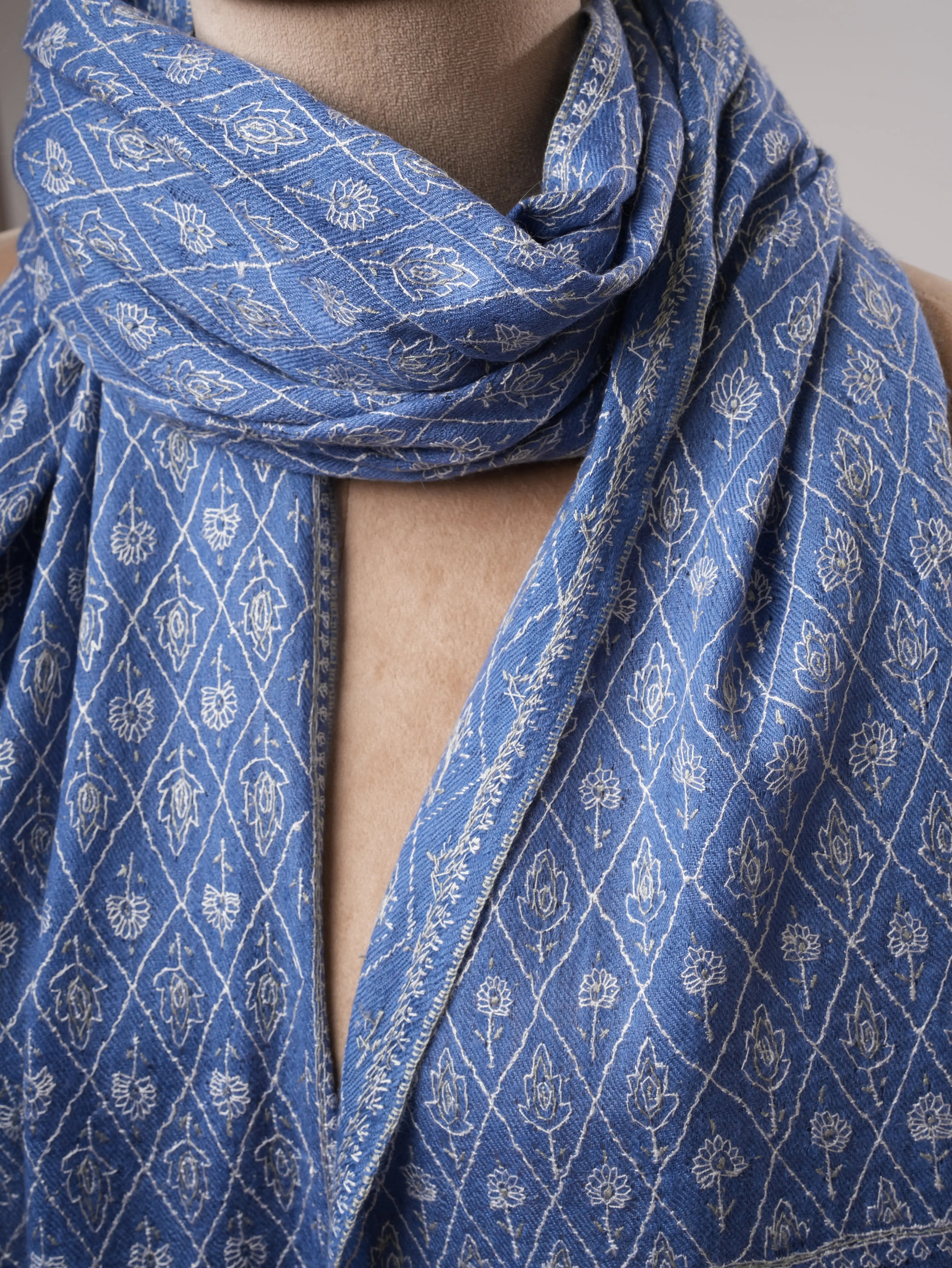 Blue Pure Cashmere Scarf with Detailed Hand Embroidery Shahkaar