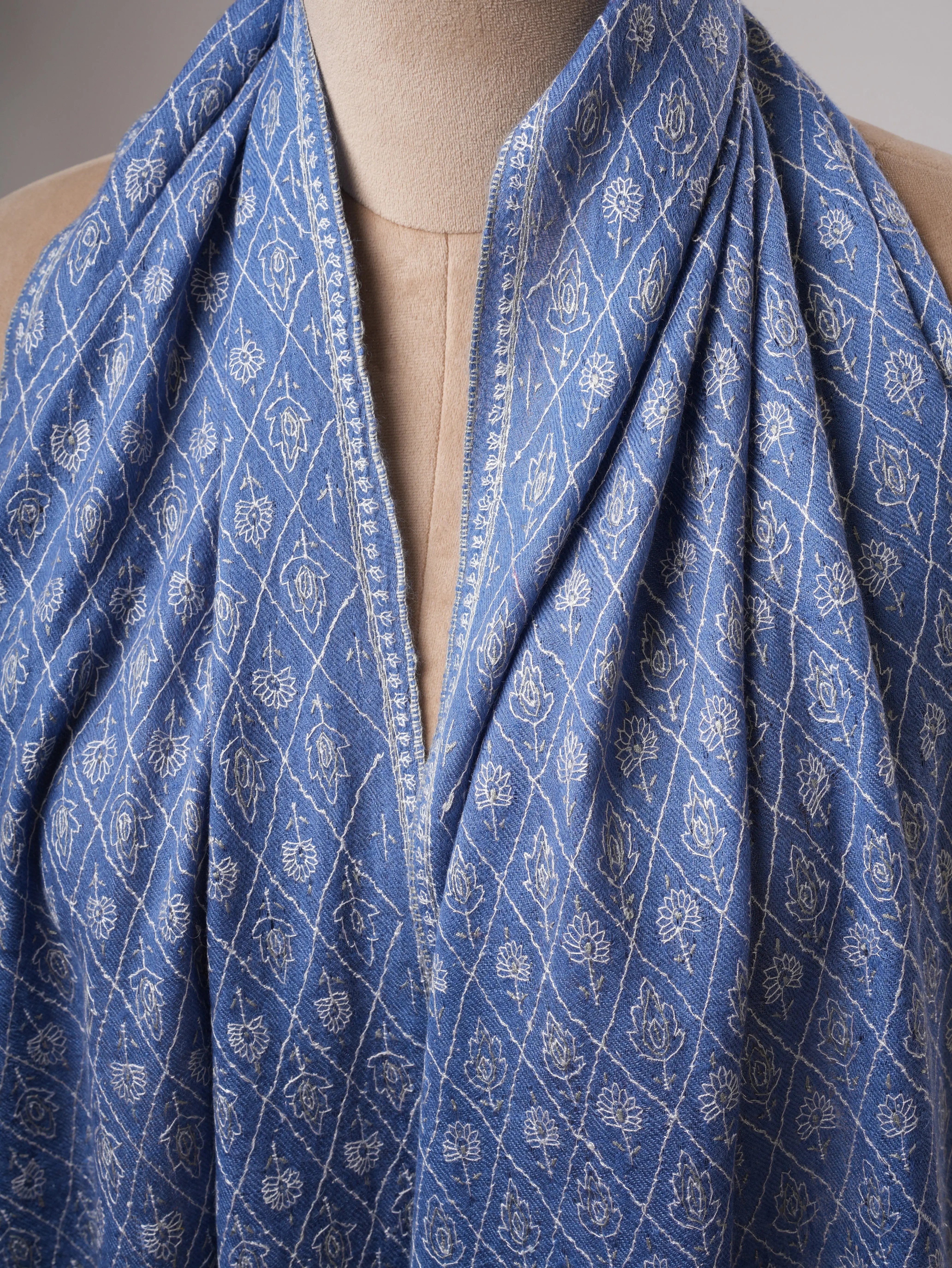 Blue Pure Cashmere Scarf with Detailed Hand Embroidery Shahkaar