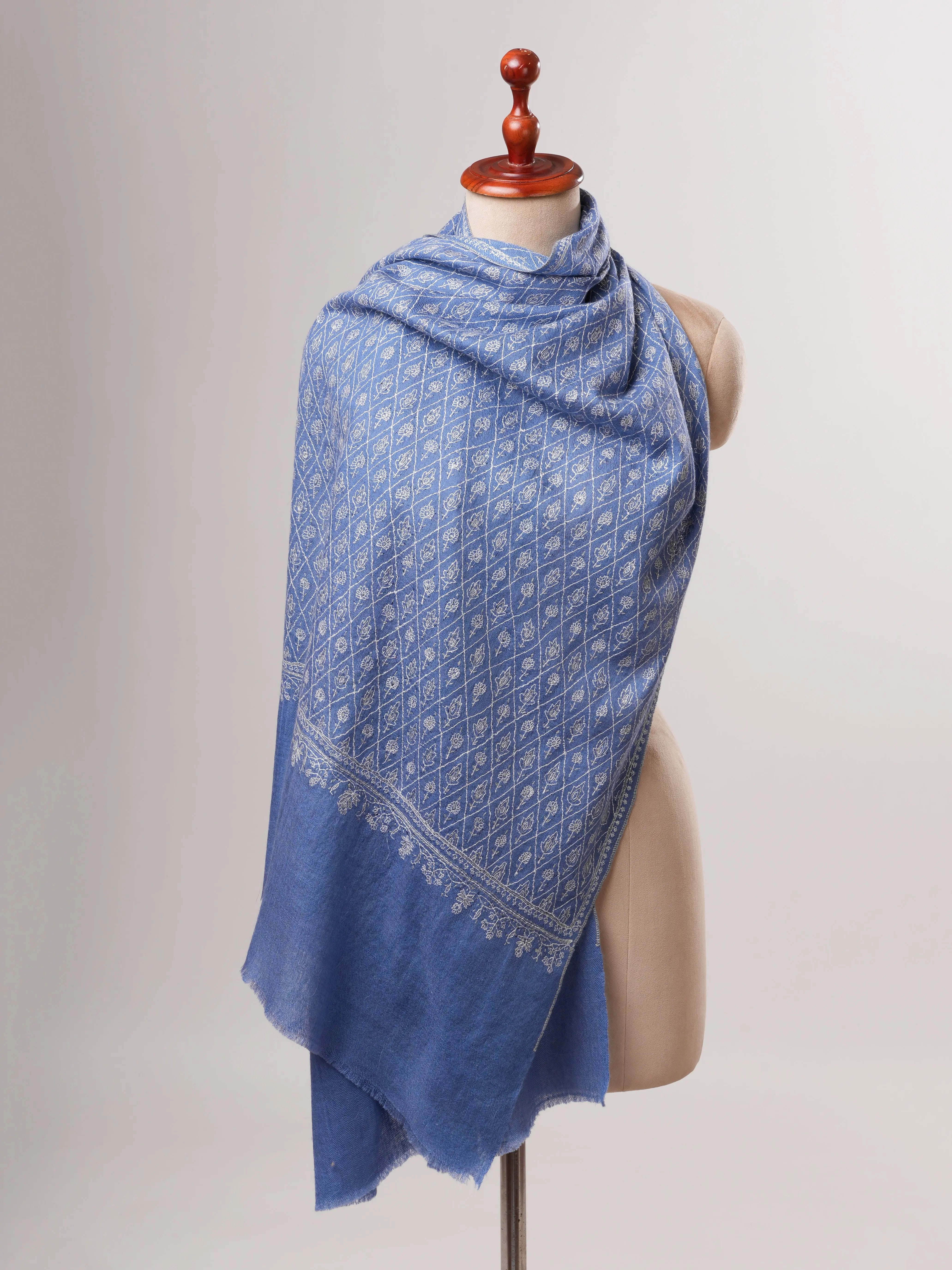 Blue Pure Cashmere Scarf with Detailed Hand Embroidery Shahkaar
