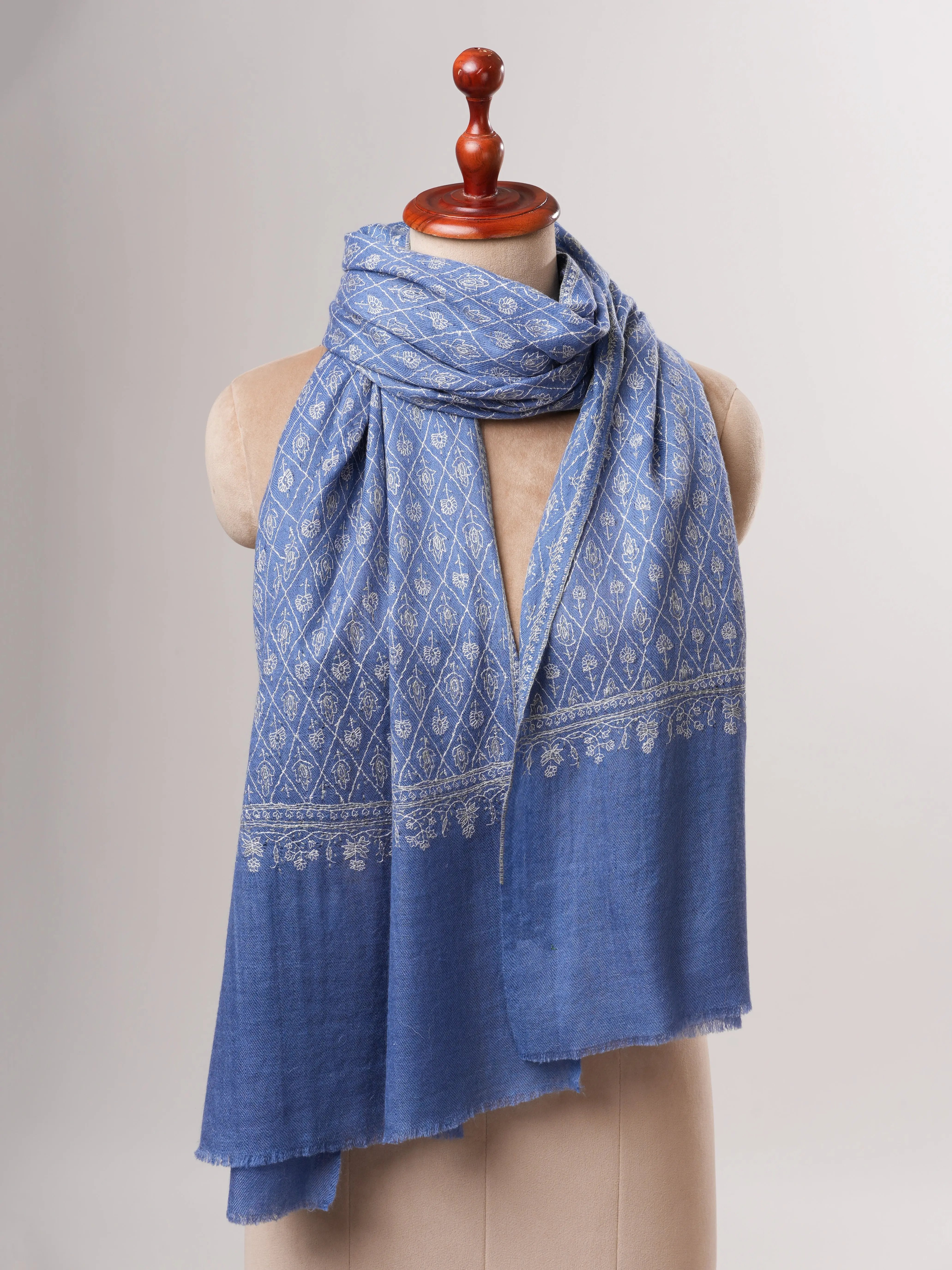 Blue Pure Cashmere Scarf with Detailed Hand Embroidery Shahkaar