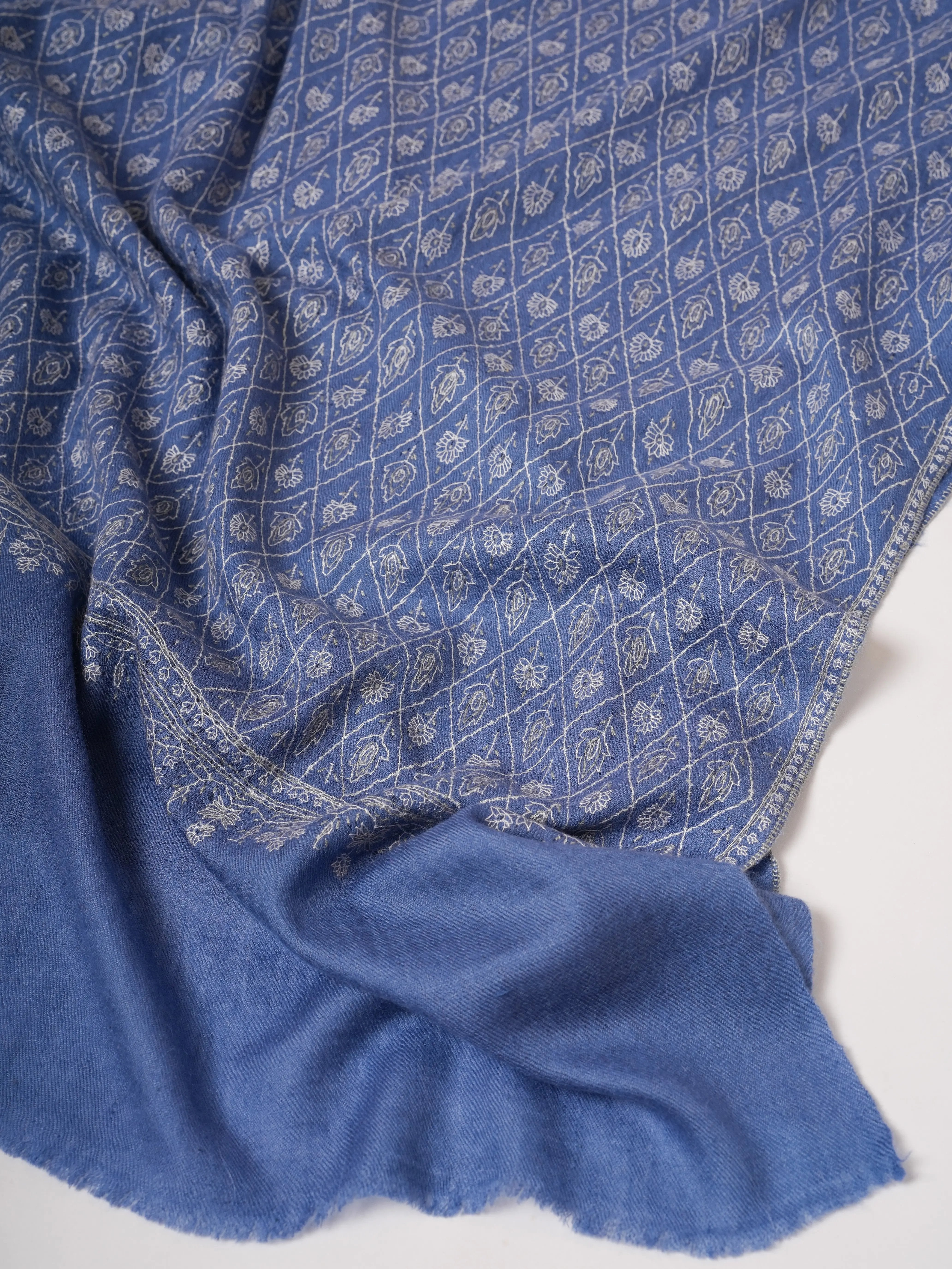Blue Pure Cashmere Scarf with Detailed Hand Embroidery Shahkaar
