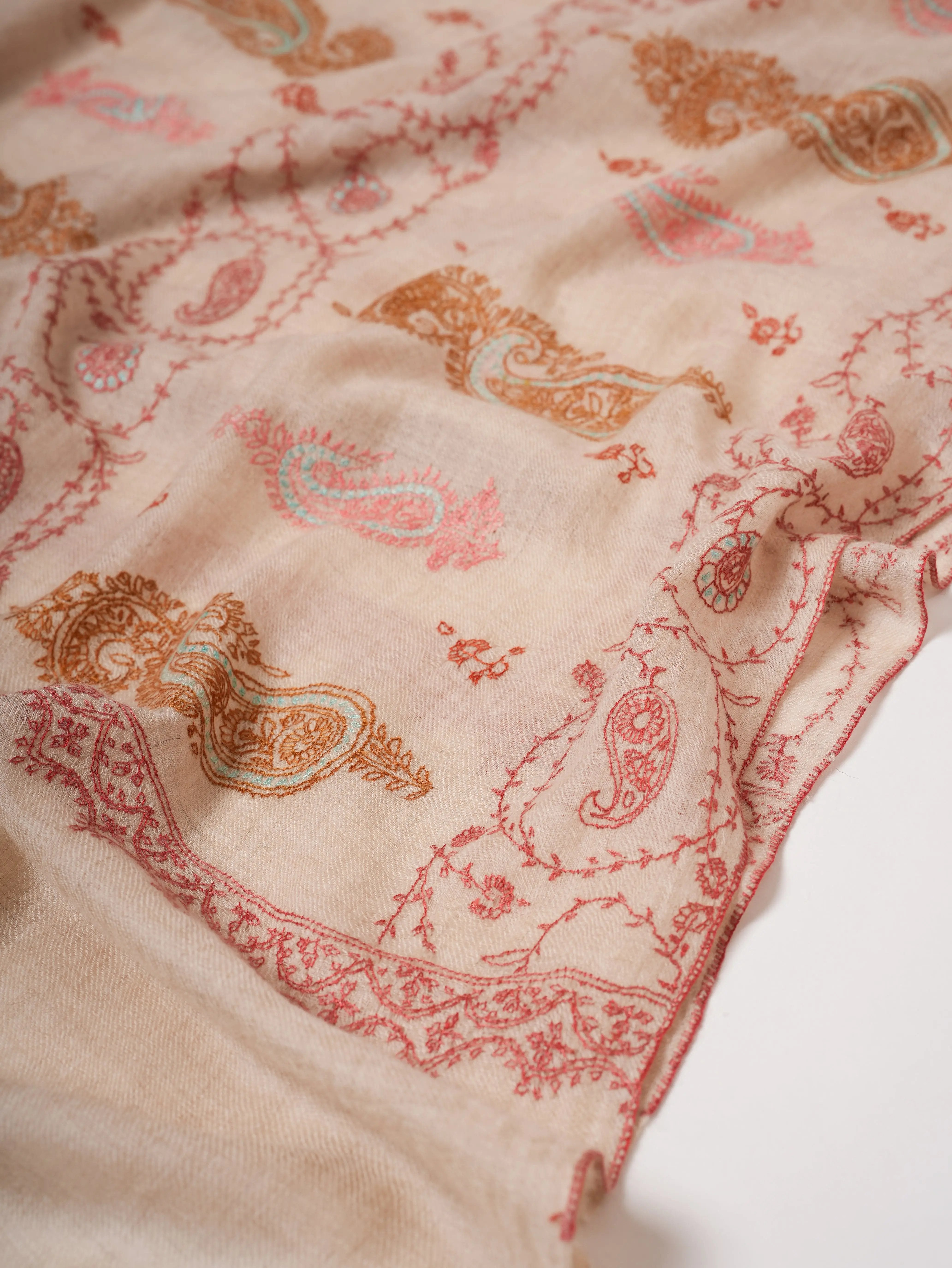 Ivory Kashmiri Cashmere Scarf with All Over Pastel Embroidery Shahkaar