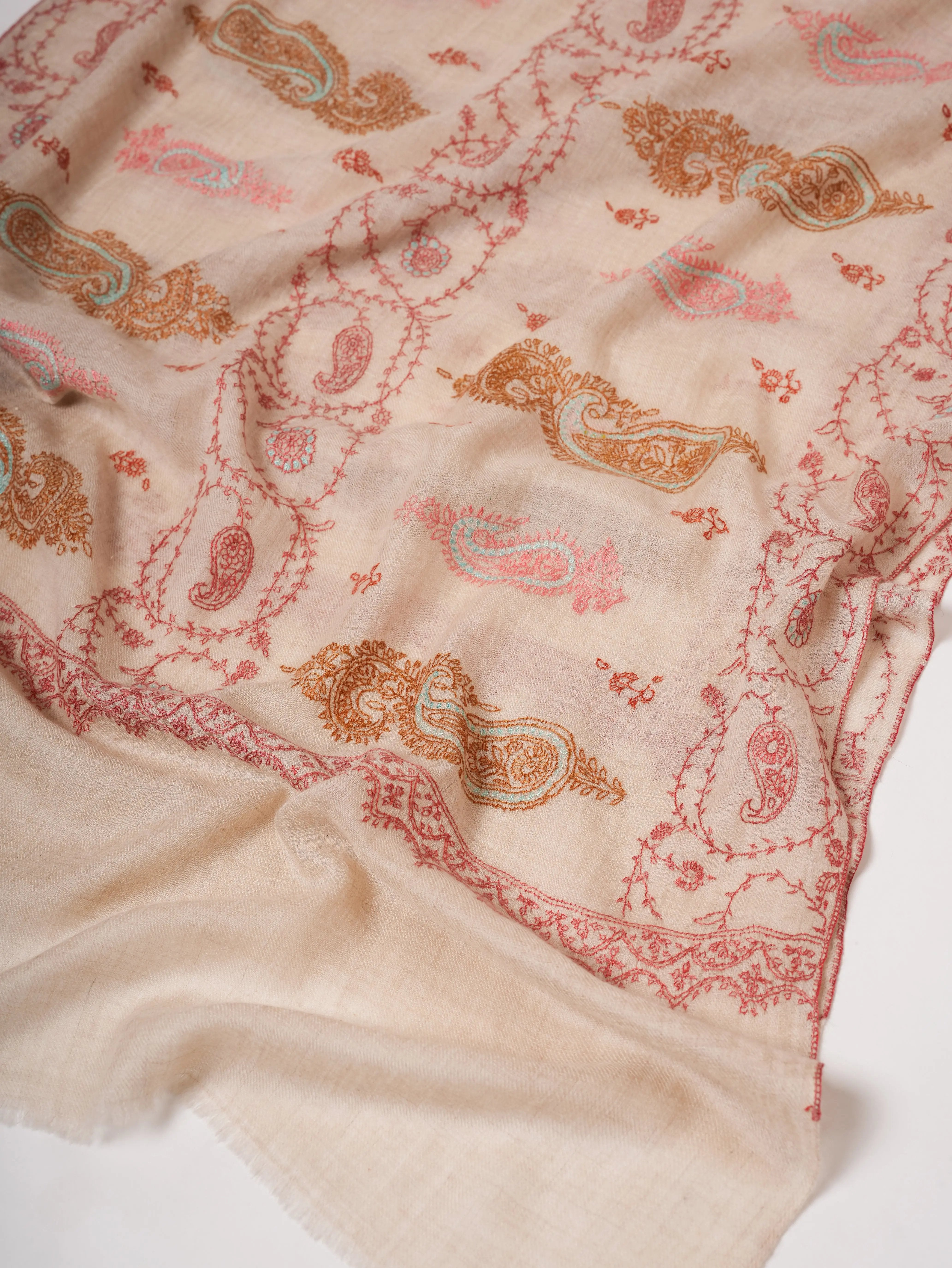 Ivory Kashmiri Cashmere Scarf with All Over Pastel Embroidery Shahkaar