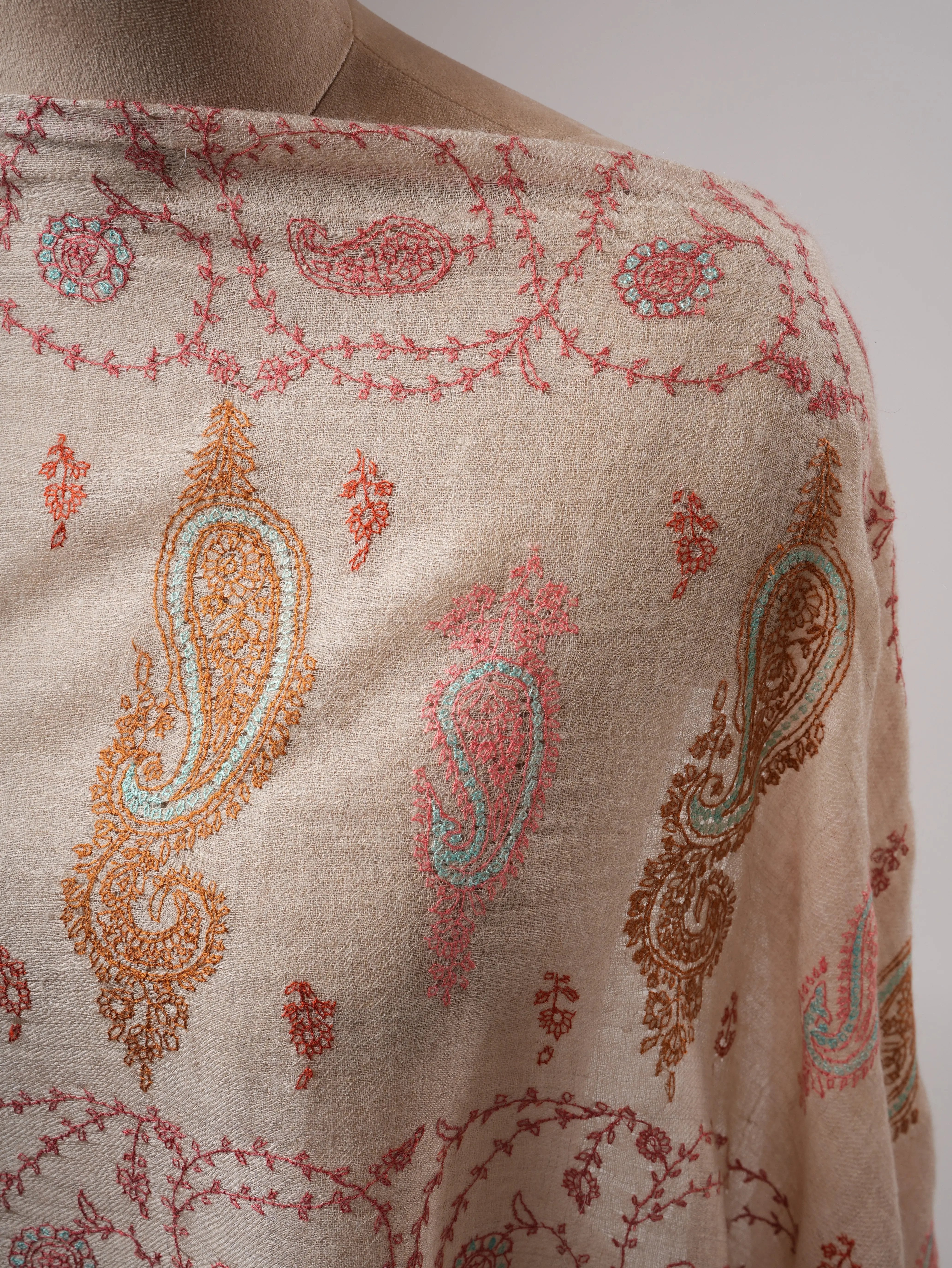 Ivory Kashmiri Cashmere Scarf with All Over Pastel Embroidery Shahkaar