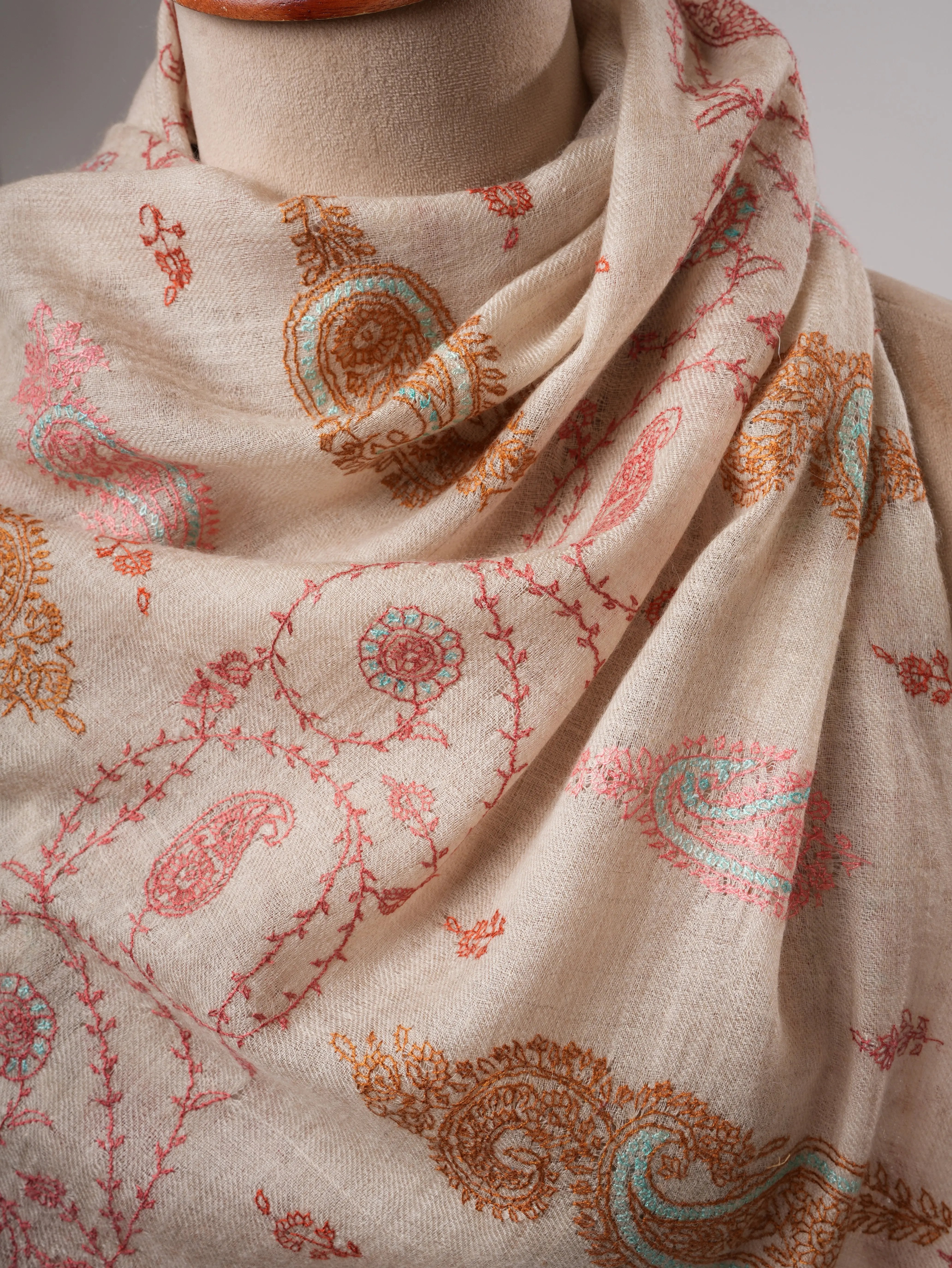 Ivory Kashmiri Cashmere Scarf with All Over Pastel Embroidery Shahkaar