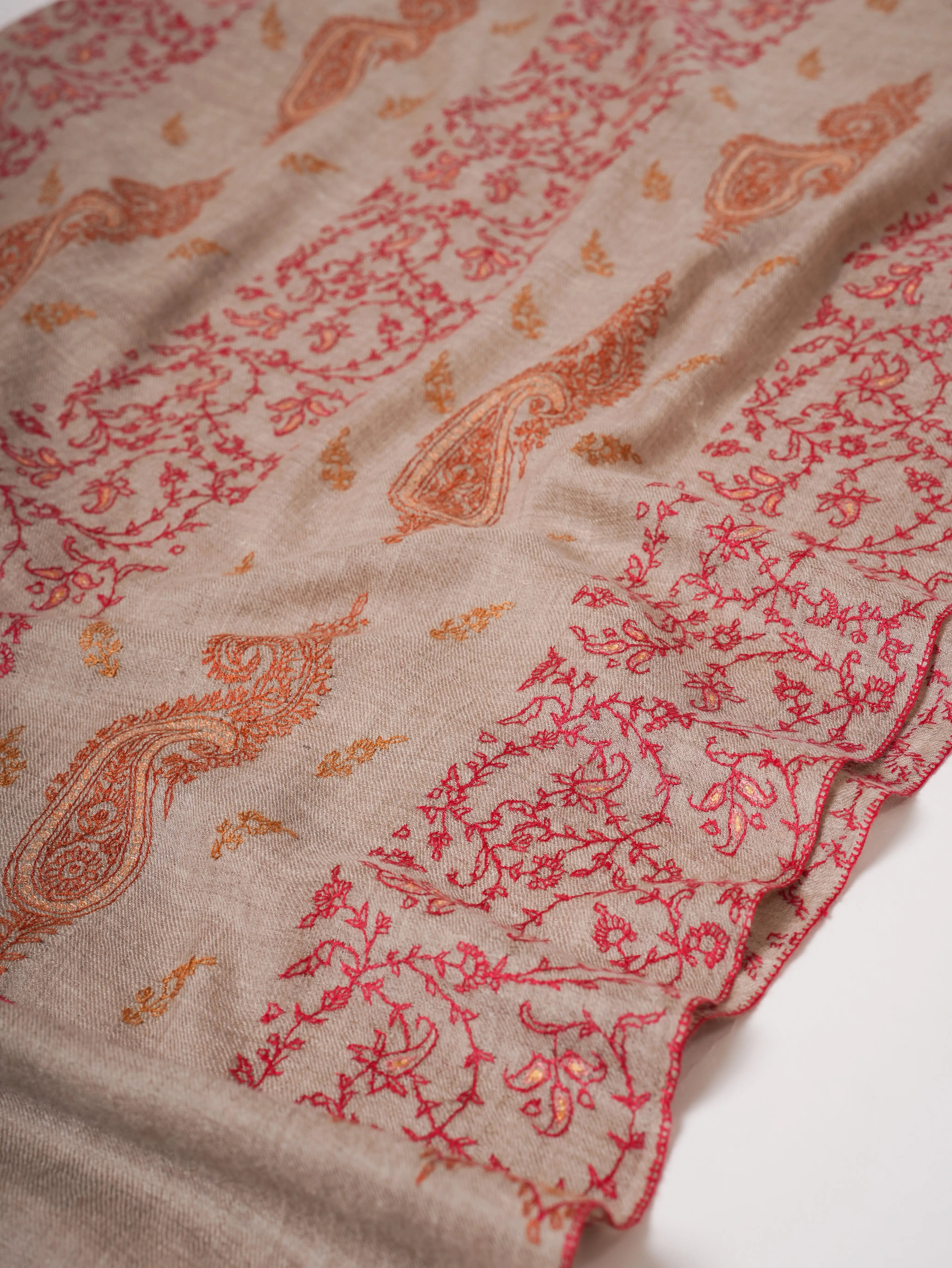 Grey Kashmiri Cashmere Scarf with Fine All Over Hand Embroidery Shahkaar