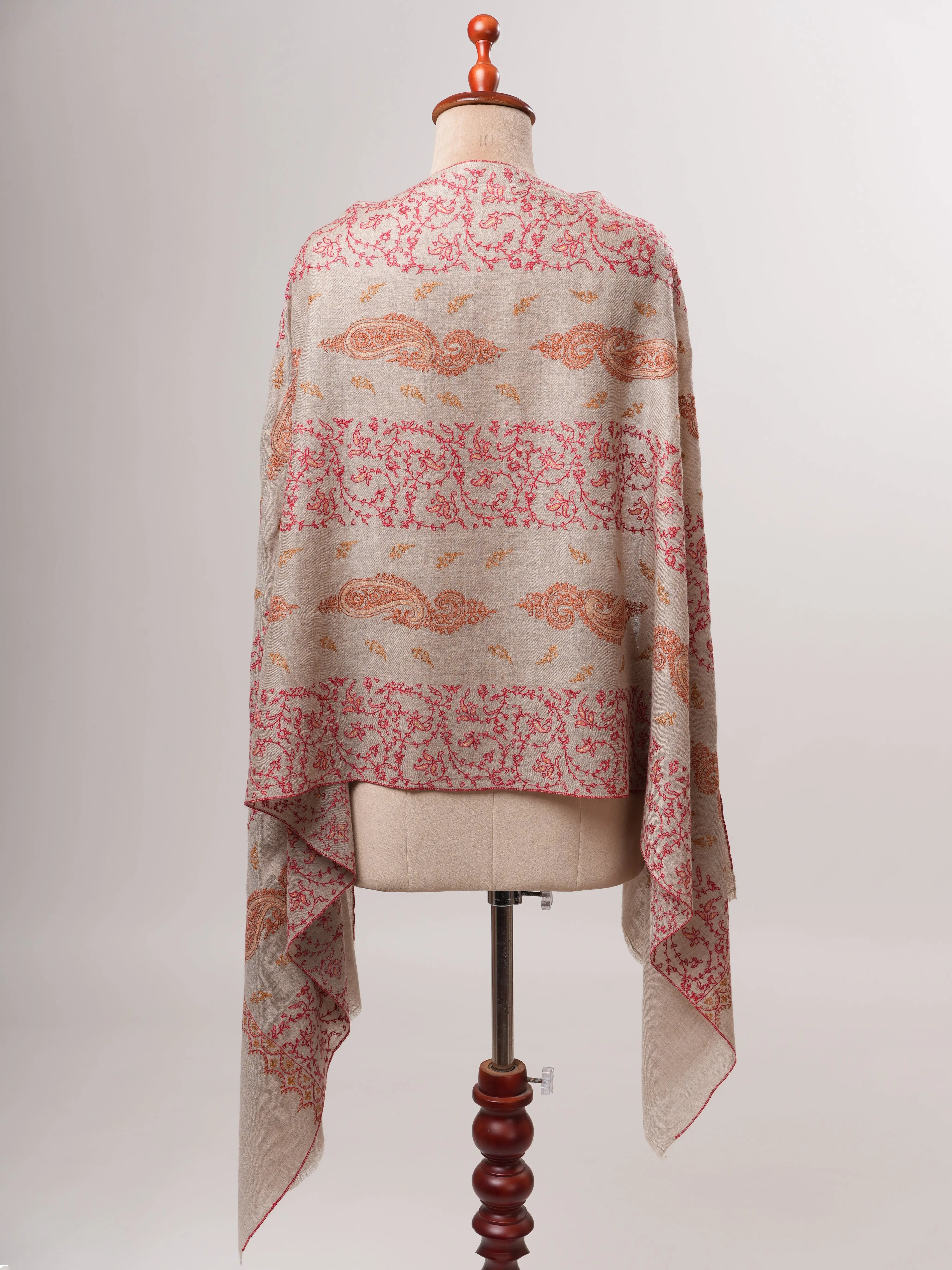 Grey Kashmiri Cashmere Scarf with Fine All Over Hand Embroidery Shahkaar