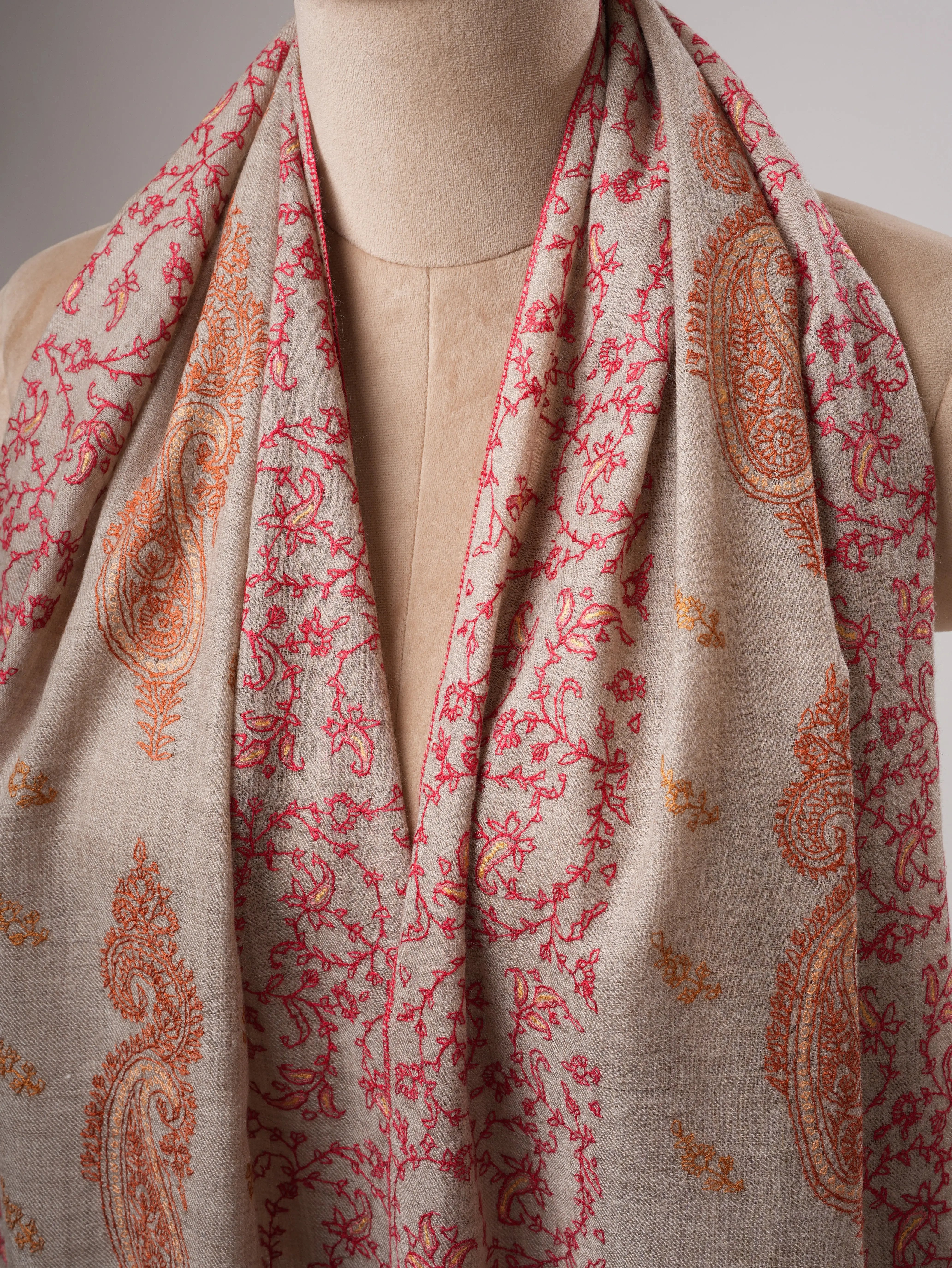 Grey Kashmiri Cashmere Scarf with Fine All Over Hand Embroidery Shahkaar