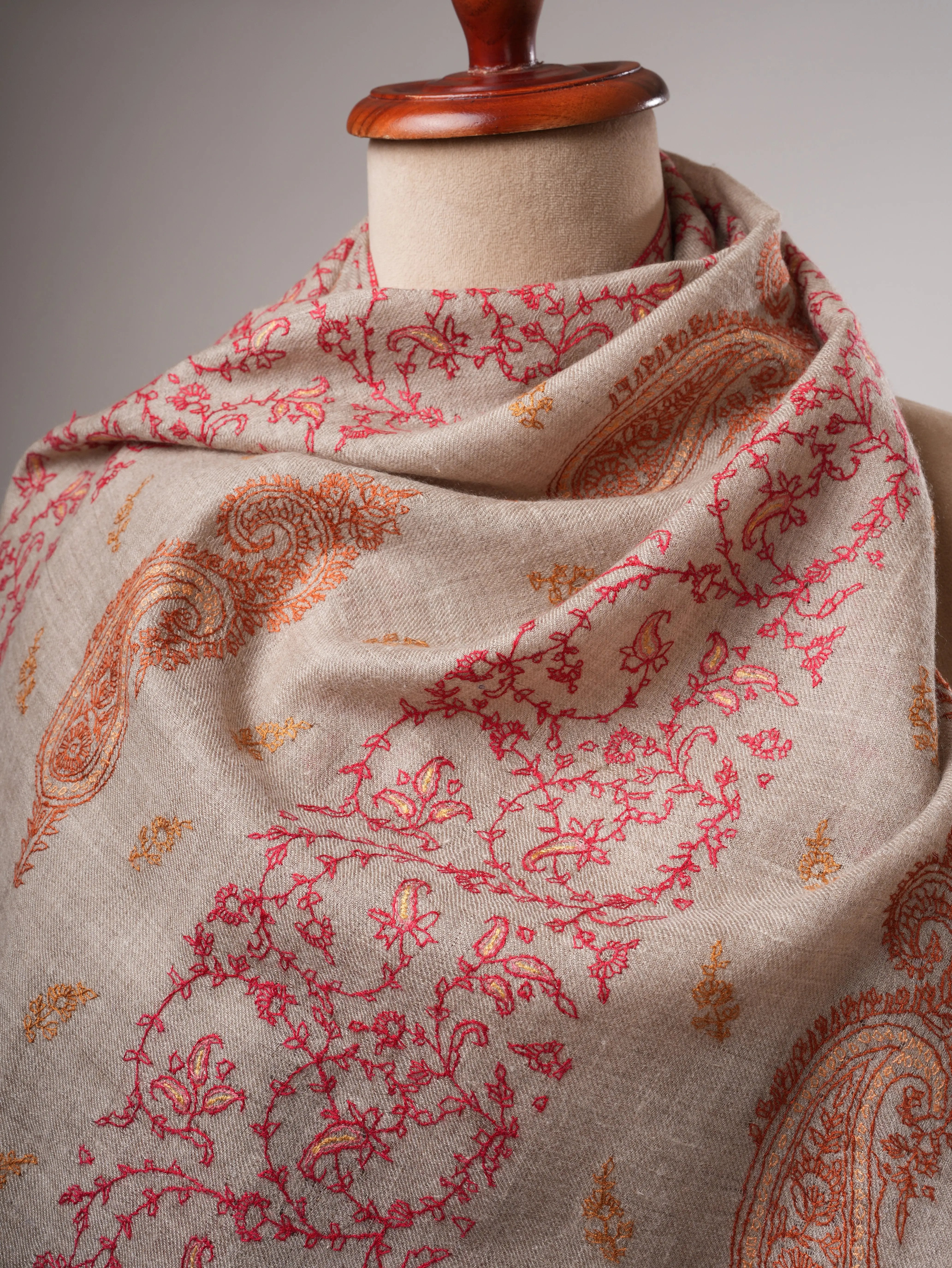 Grey Kashmiri Cashmere Scarf with Fine All Over Hand Embroidery Shahkaar