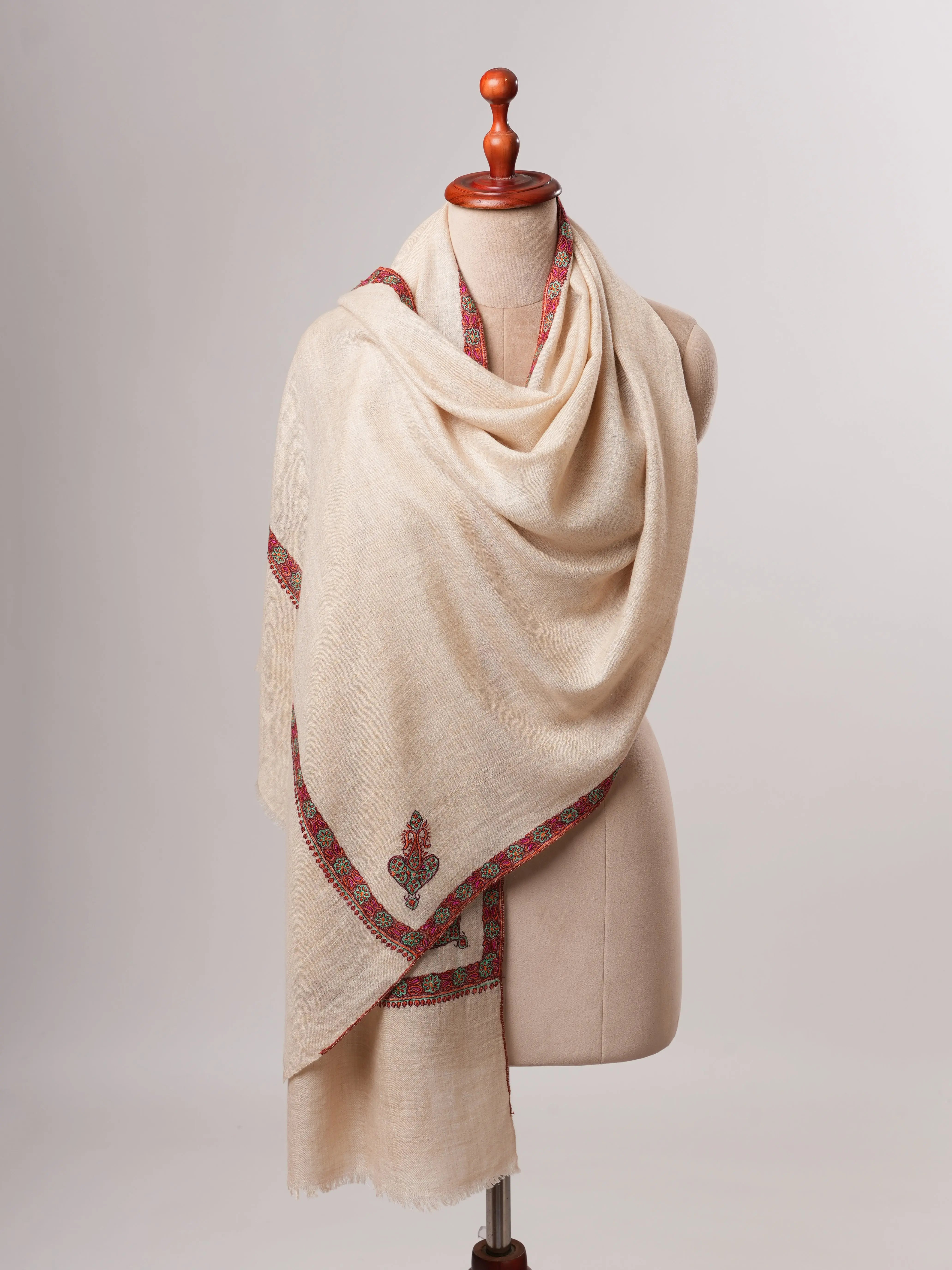 Off-White Pure Cashmere Scarf with Hashia Sozni Embroidery Shahkaar